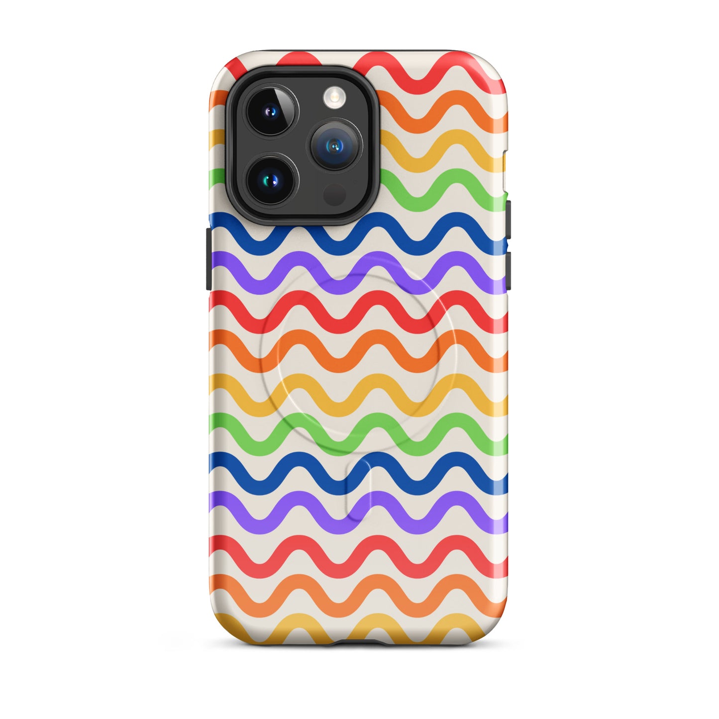 Magnetic Phone Case for iPhone with wavy rainbow design against a white backdrop, featuring vibrant colors and strong protection.