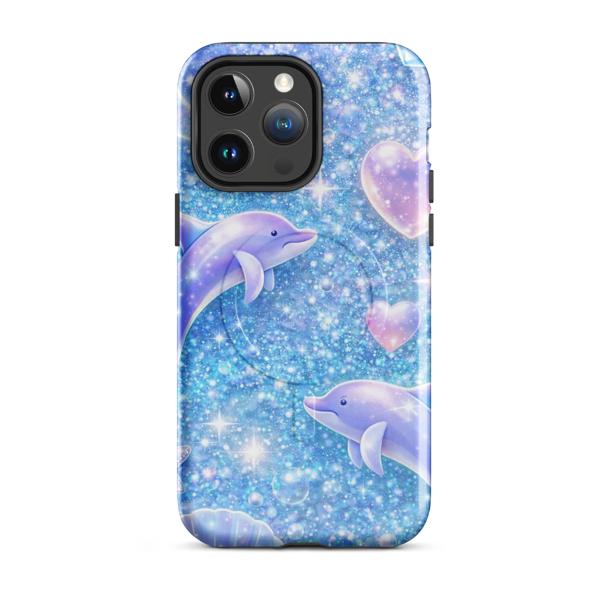 Magnetic Phone Case with ocean glitter dolphins design, featuring shimmering liquid glitter, pastel moons, and tiny shells.