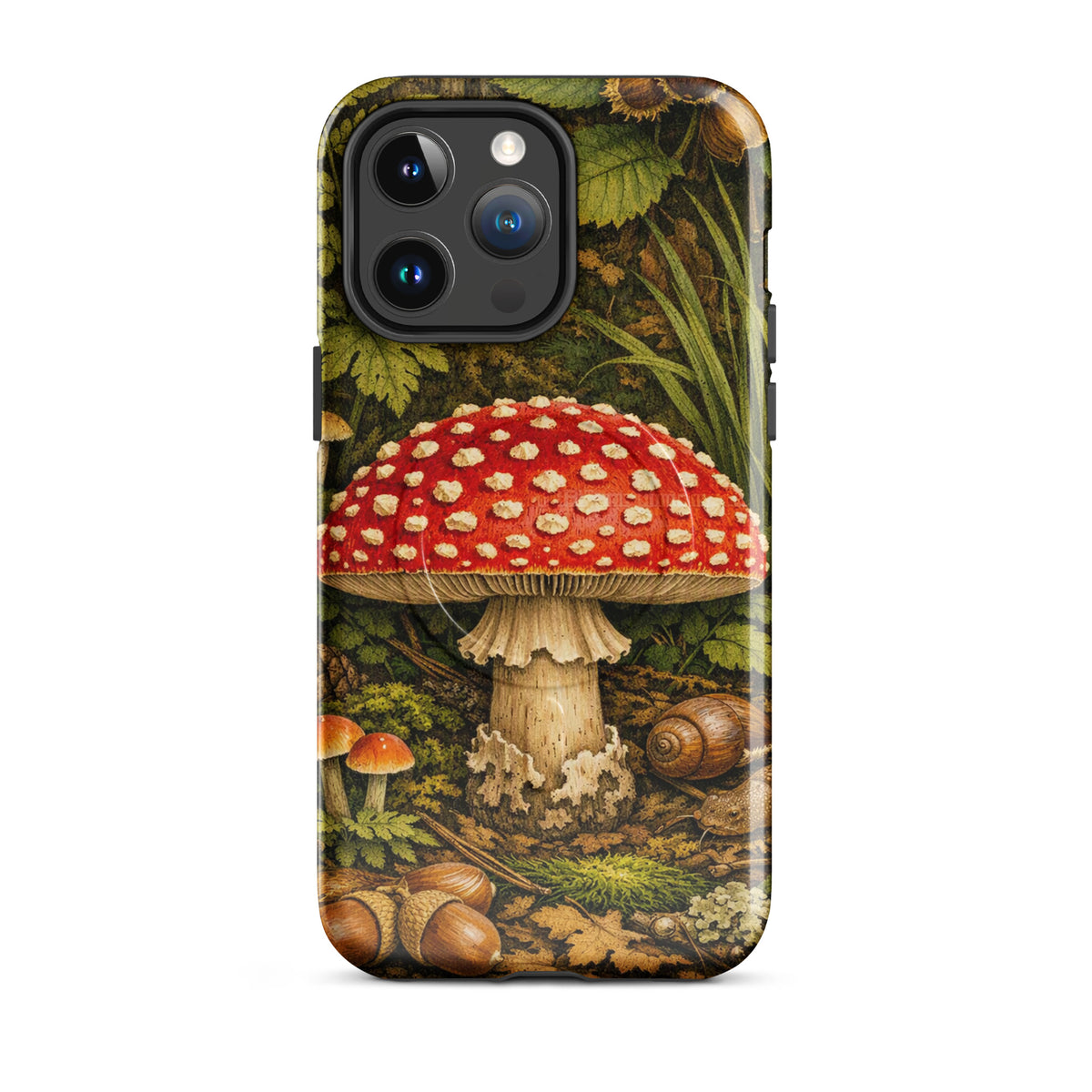 Magnetic Phone Case featuring Amanita Muscaria Mushroom design in a forest-themed backdrop for iPhone.