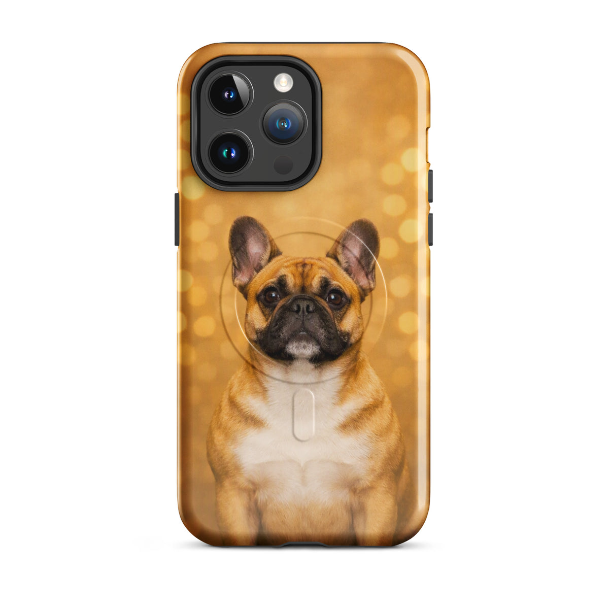 Magnetic Phone Case featuring a French Bulldog against a golden bokeh background, ideal for adding charm to your iPhone.
