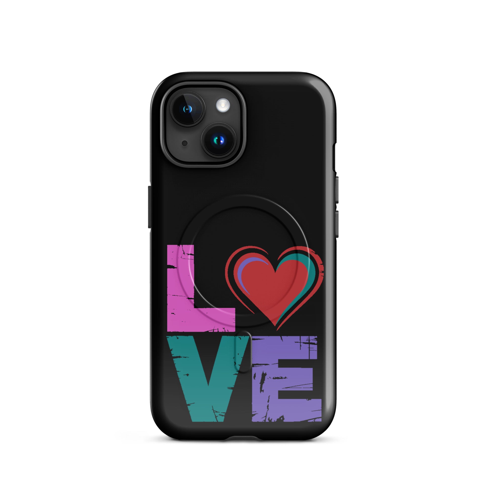 Love Magnetic Dual-Layer Tough Case for iPhone featuring a colorful love heart design.