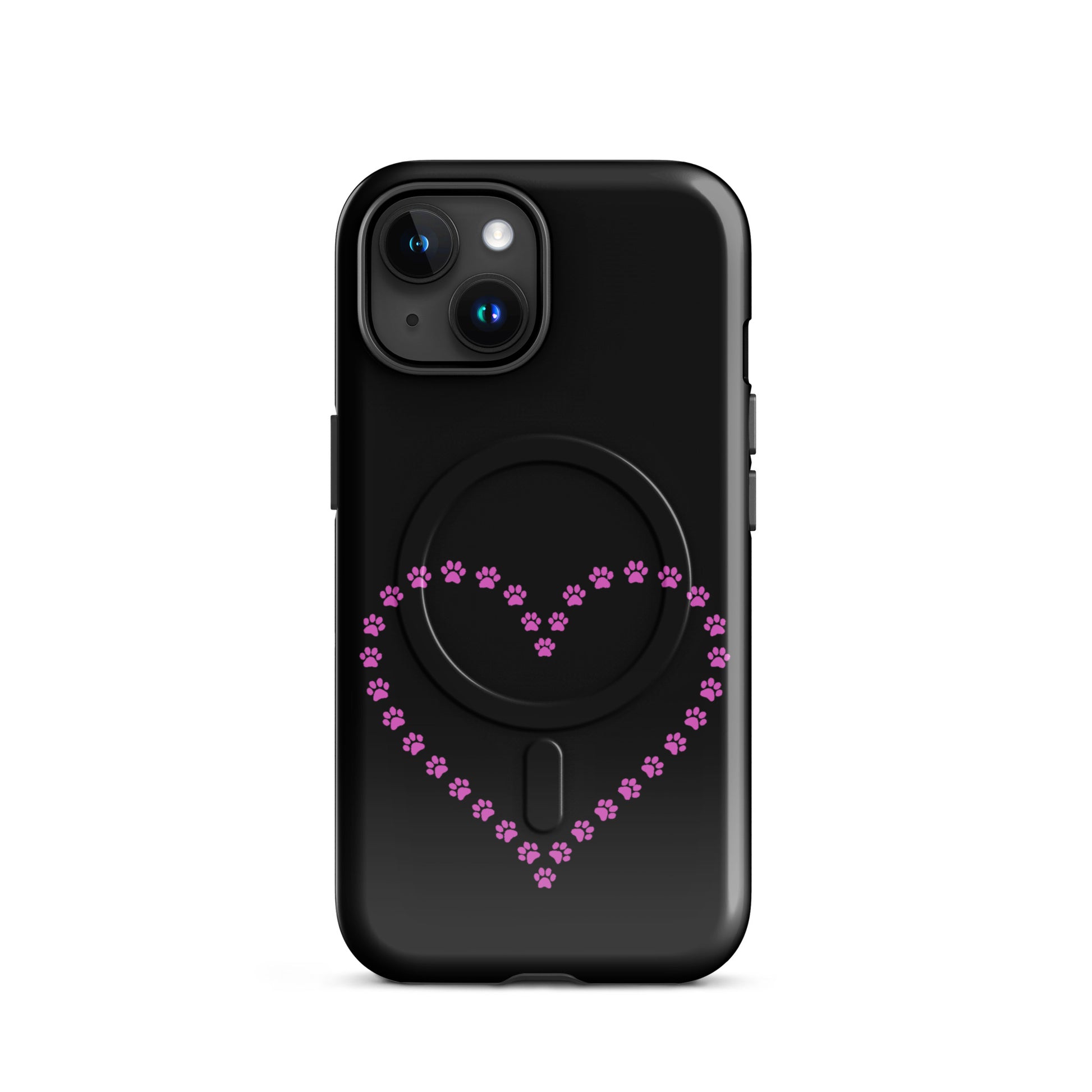 Magnetic Phone Case featuring a pink paw print heart design for cat and dog lovers on a black background.