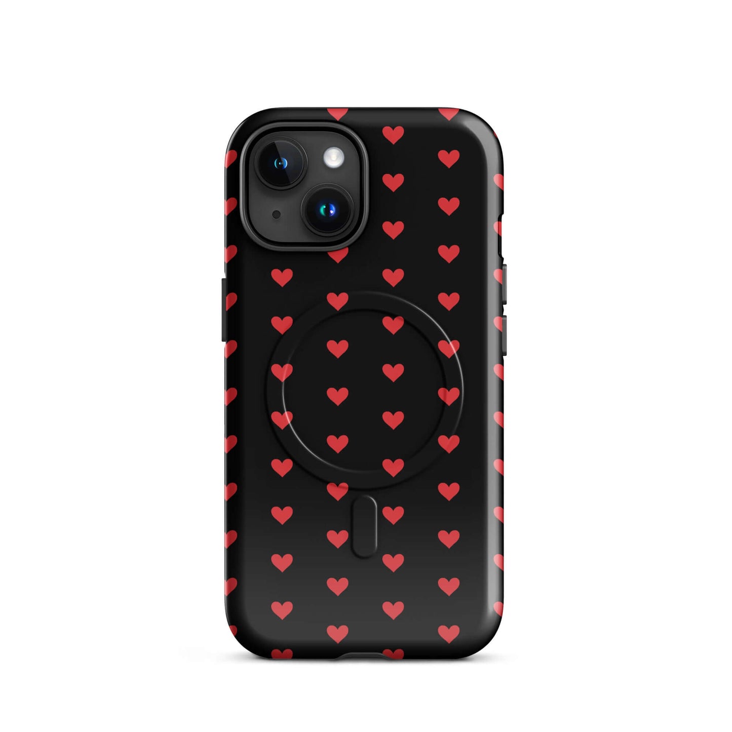 Magnetic Phone Case for iPhone featuring fiery red hearts pattern on a black background.
