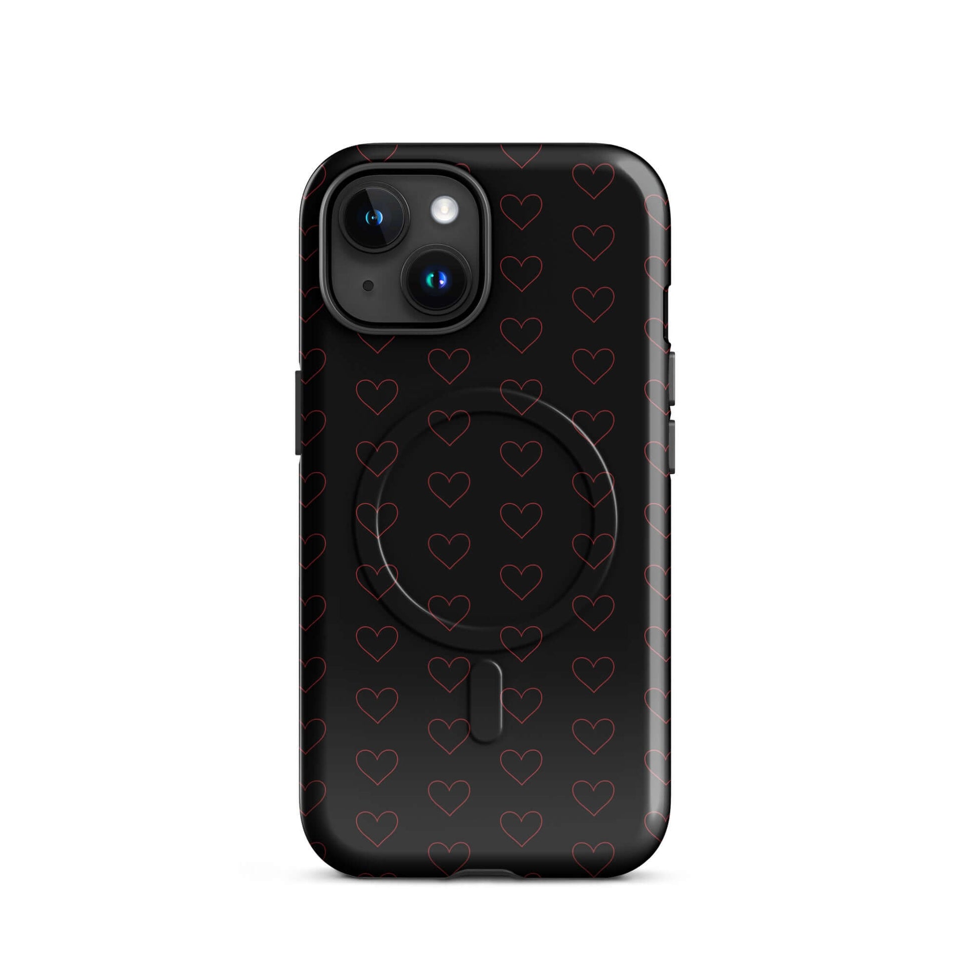 Magnetic Phone Case featuring a stylish crimson heart pattern on a sleek black background.