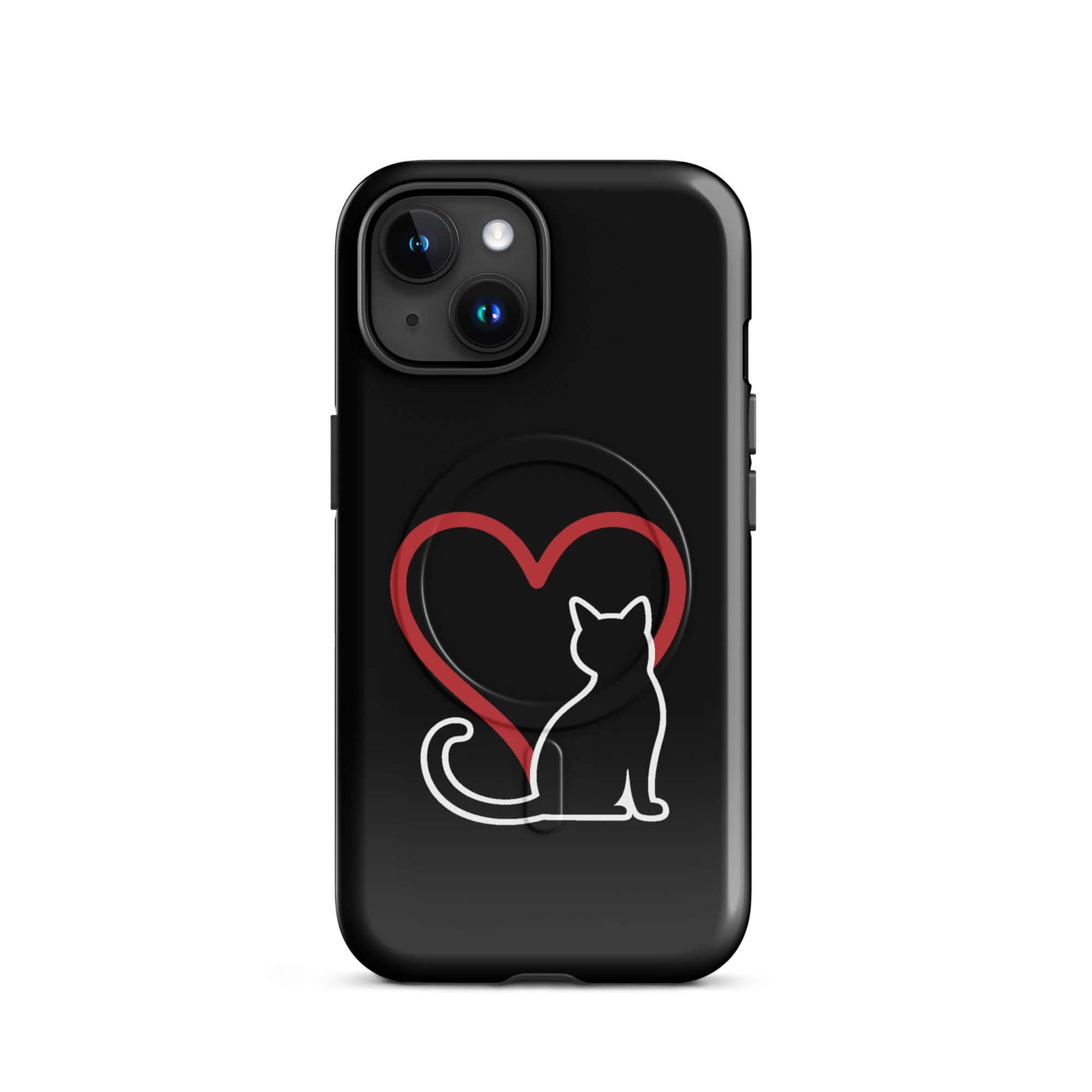 Magnetic Phone Case featuring a sleek black design with a minimalist cat and heart illustration for cat lovers.