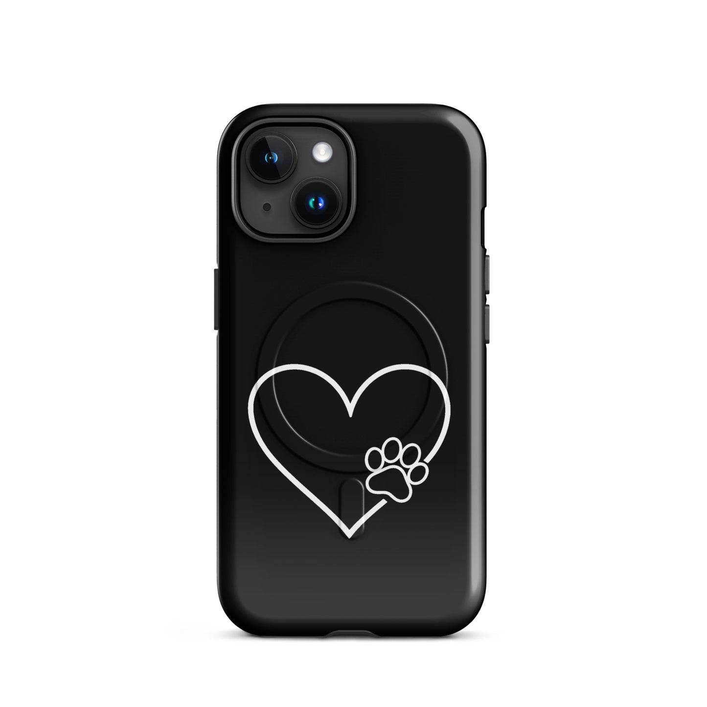 Magnetic Phone Case for iPhone with heart and paw print design, black case with white heart outline and paw print symbolizing pet love.