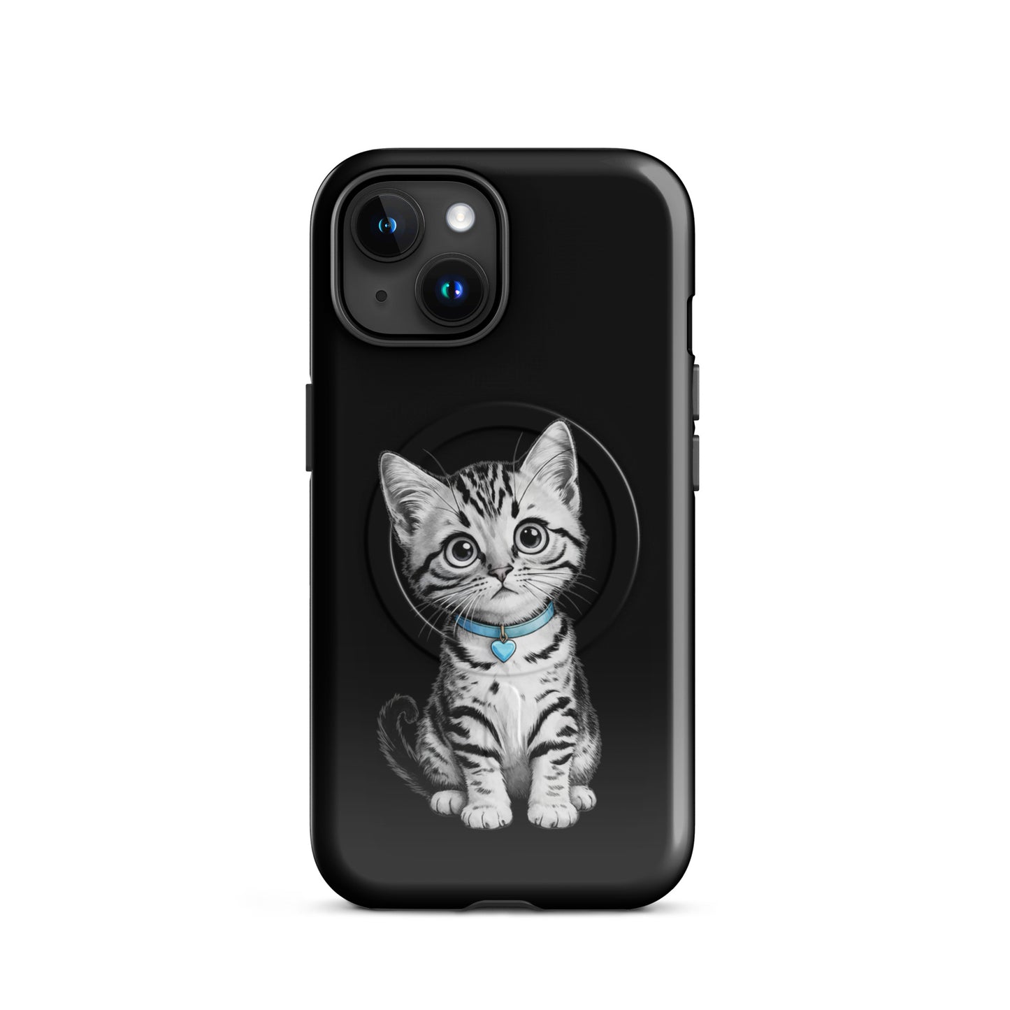 Magnetic Phone Case with kitten sketch, blue collar, and heart charm for iPhone showcasing premium protection and artistic design.