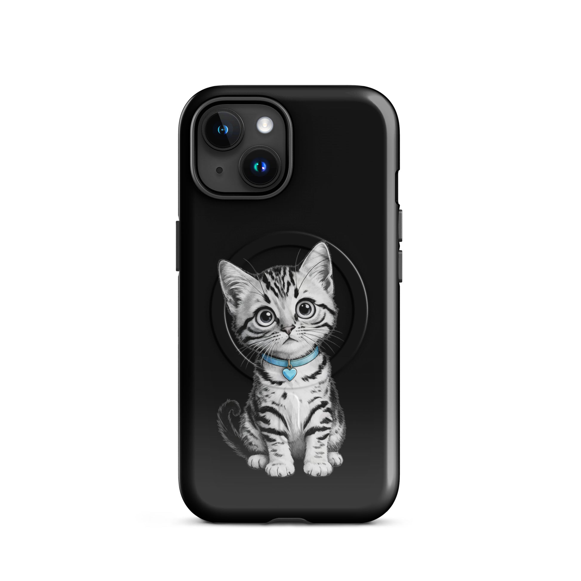 Magnetic Phone Case with kitten sketch, blue collar, and heart charm for iPhone showcasing premium protection and artistic design.