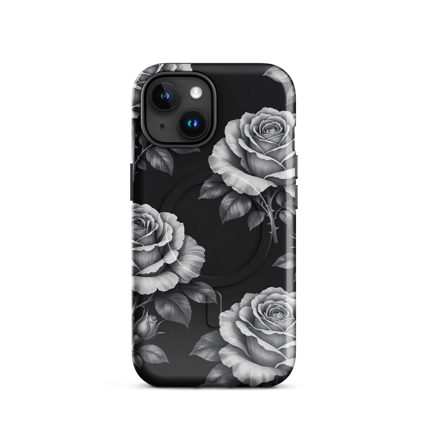 Magnetic Phone Case with rose garden design on black for iPhone, featuring hand-sketched roses and lush leaves.