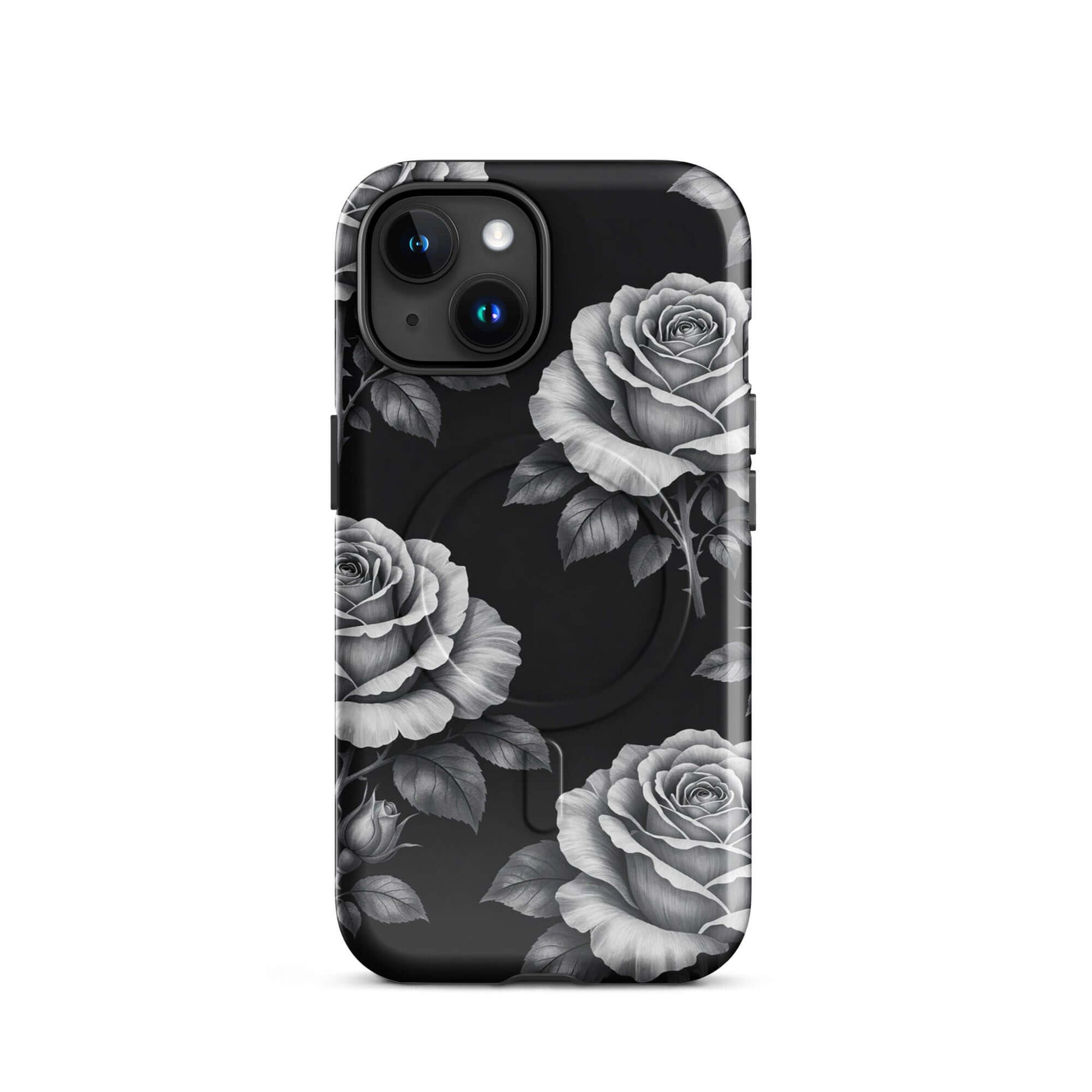 Magnetic Phone Case with rose garden design on black for iPhone, featuring hand-sketched roses and lush leaves.