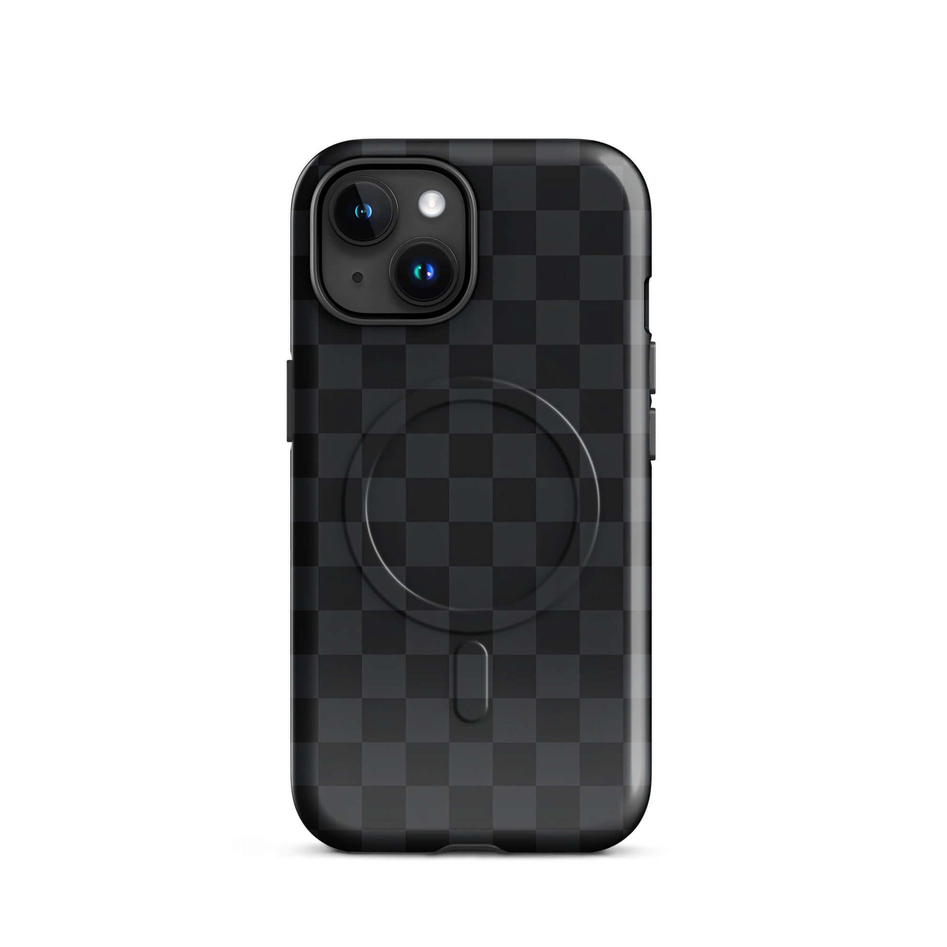 Magnetic Phone Case with black and charcoal checkered design for iPhone, featuring a sleek and modern look for stylish device protection.