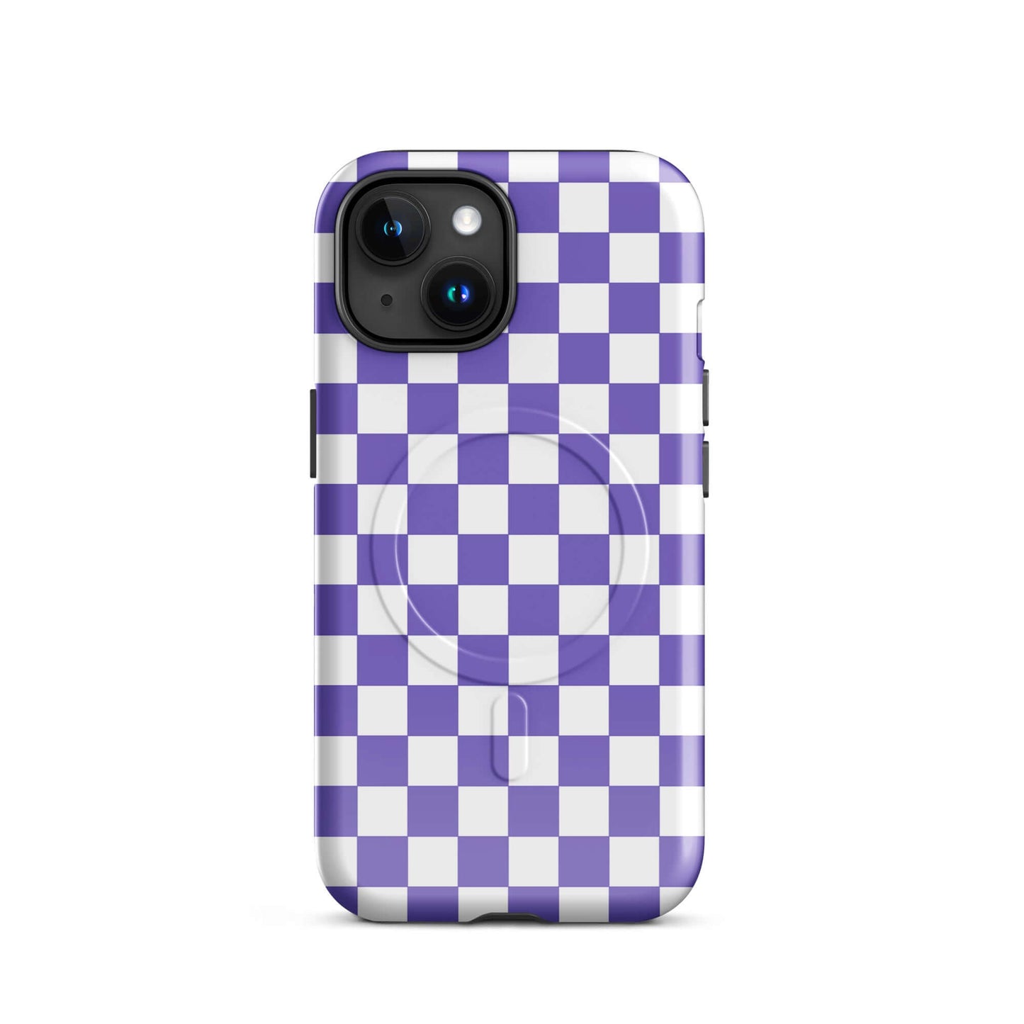 Magnetic Phone Case with purple and white checkered design for iPhone, adds playful style and personality to your device.