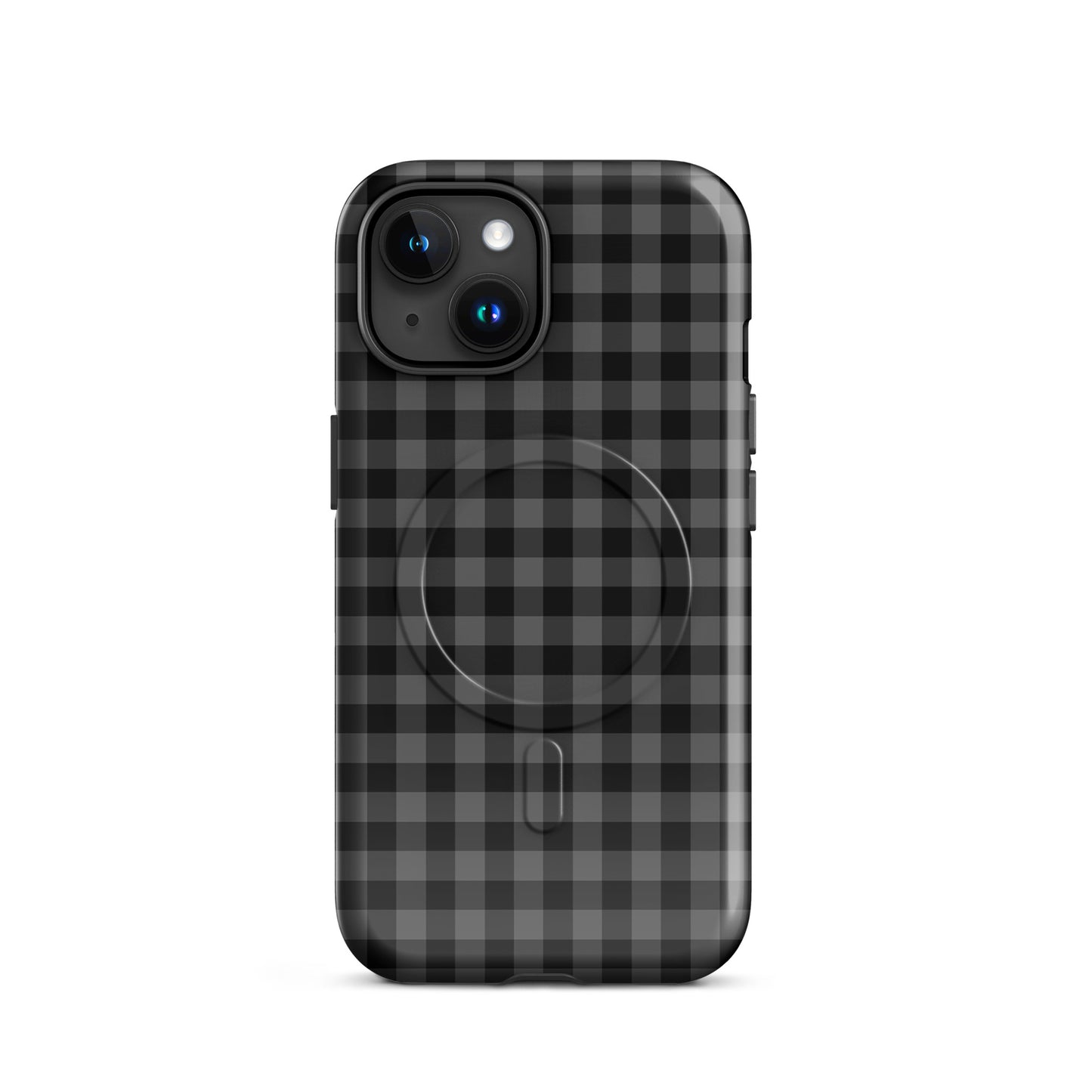 Magnetic Phone Case for iPhone with modern black-and-charcoal gingham pattern, offering style and protection.