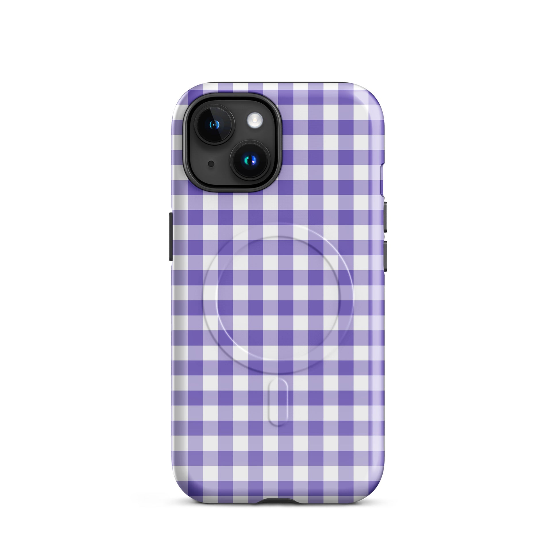 Magnetic Phone Case with purple and white gingham pattern for iPhone, stylish design with magnetic feature for enhanced device protection.