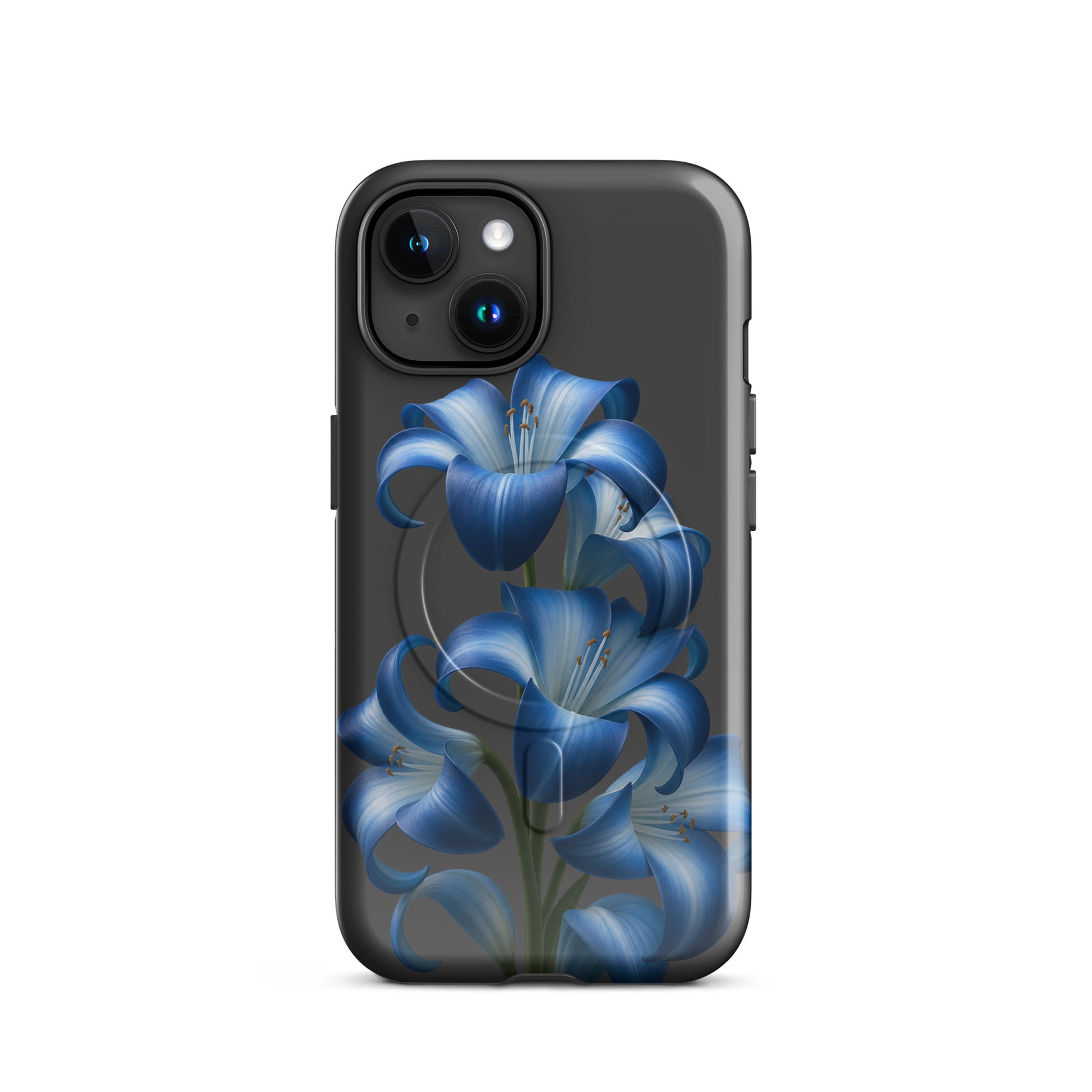 Magnetic Phone Case for iPhone featuring vibrant blue lily bloom art on a sleek dark background, highlighting style and protection.