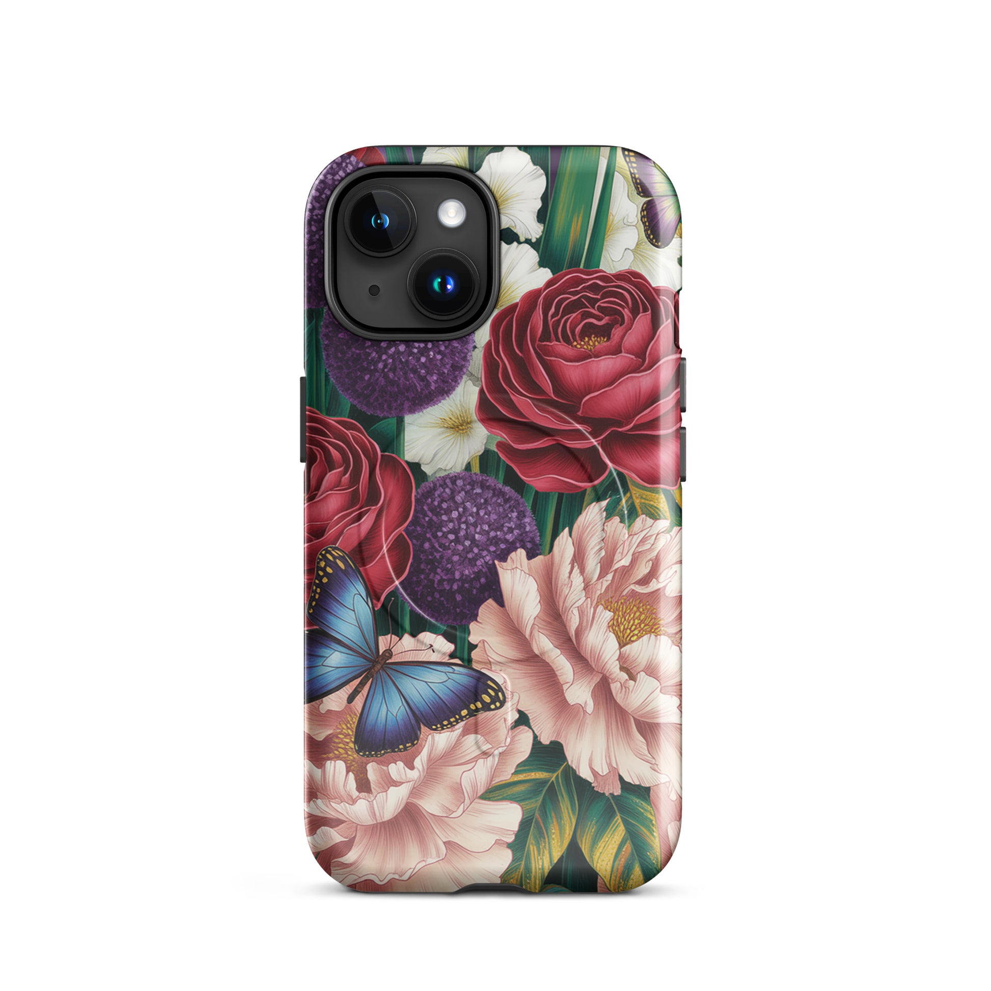 Magnetic Phone Case with blooms: crimson roses, pink peonies, purple alliums, lush foliage, and blue butterflies, for iPhone.