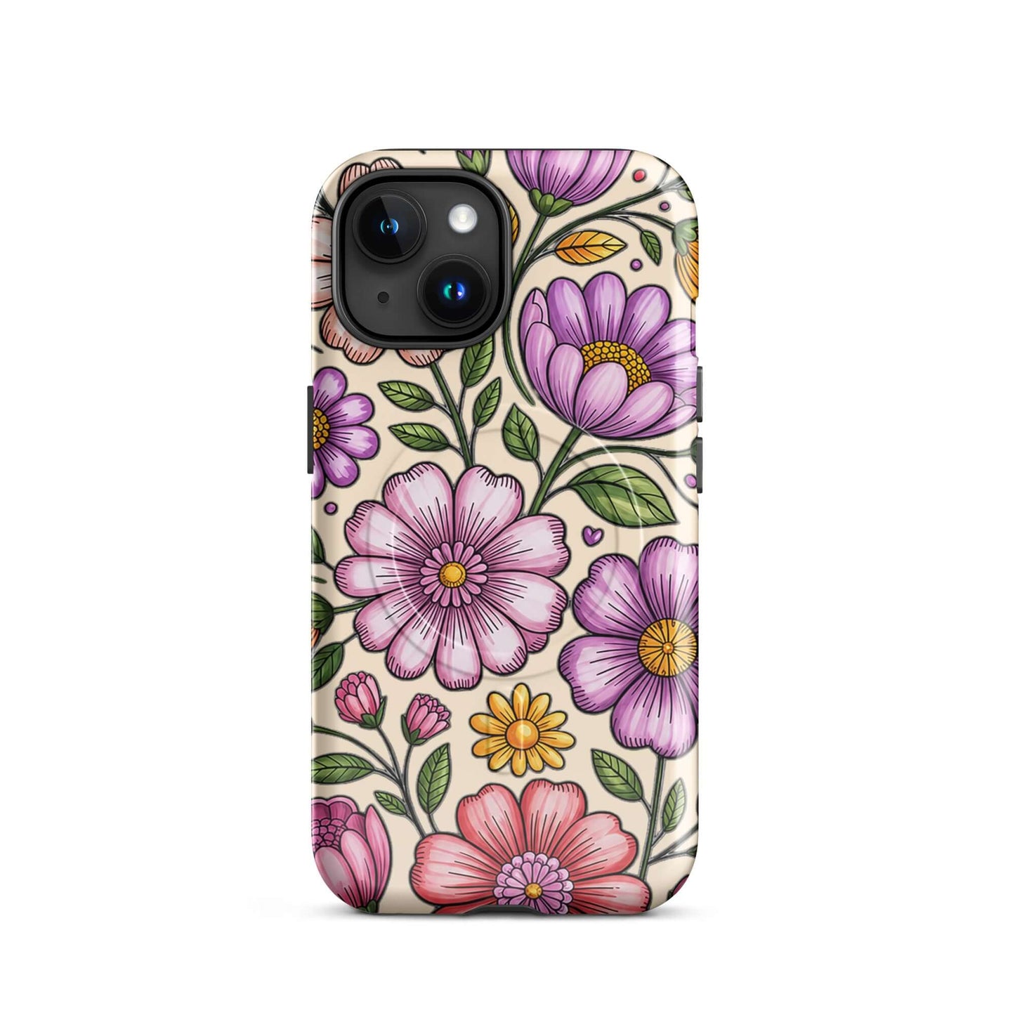 Magnetic Phone Case with pastel floral design, featuring pink, peach, lavender, and yellow flowers on a durable polycarbonate shell.