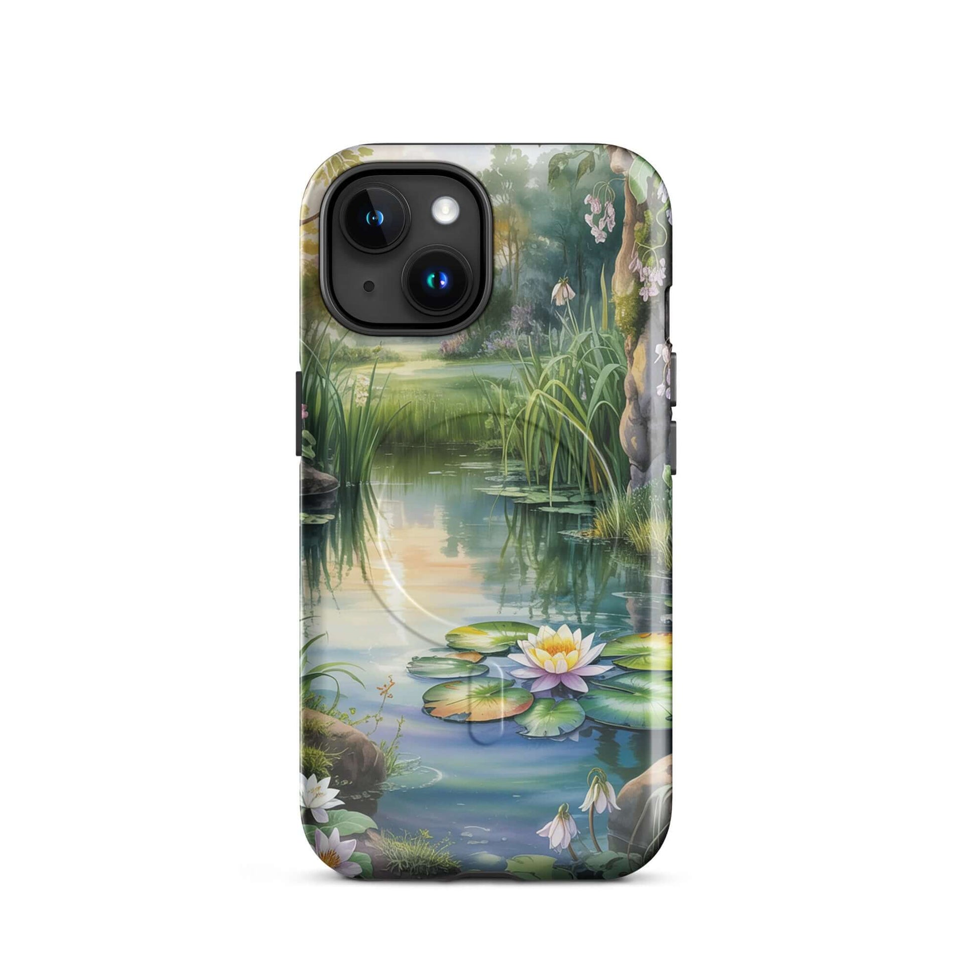 Magnetic Phone Case featuring enchanted pond design with lily pads and sunset reflections.