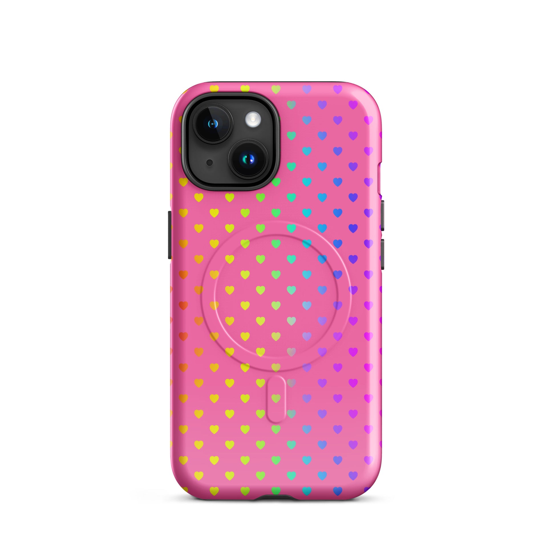 Magnetic Phone Case for iPhone with playful rainbow heart design on pink backdrop, dual-layer construction, cute and protective.