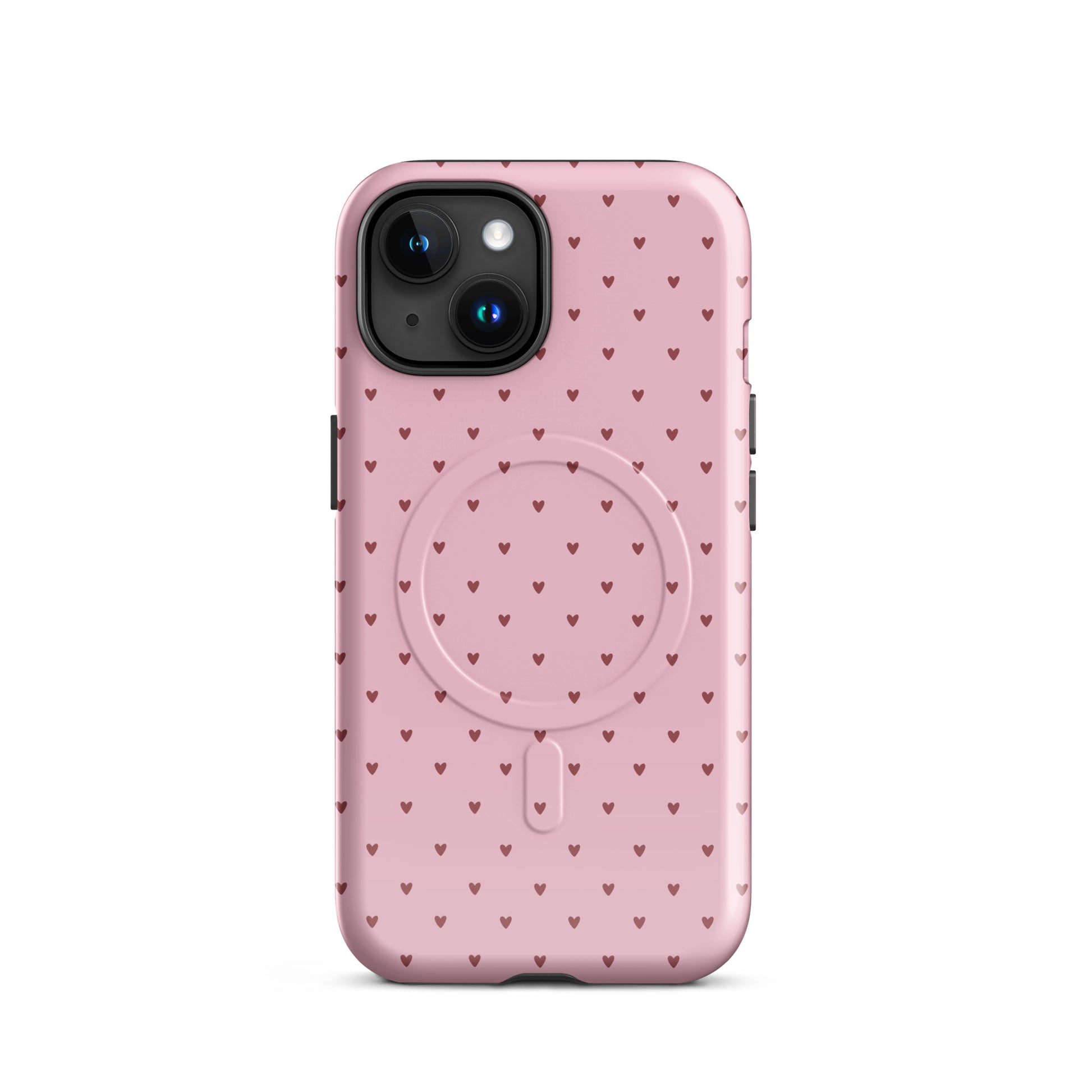 Magnetic Phone Case with heart-dot pattern for iPhone in playful polka-dot design, pink background with tiny hearts.