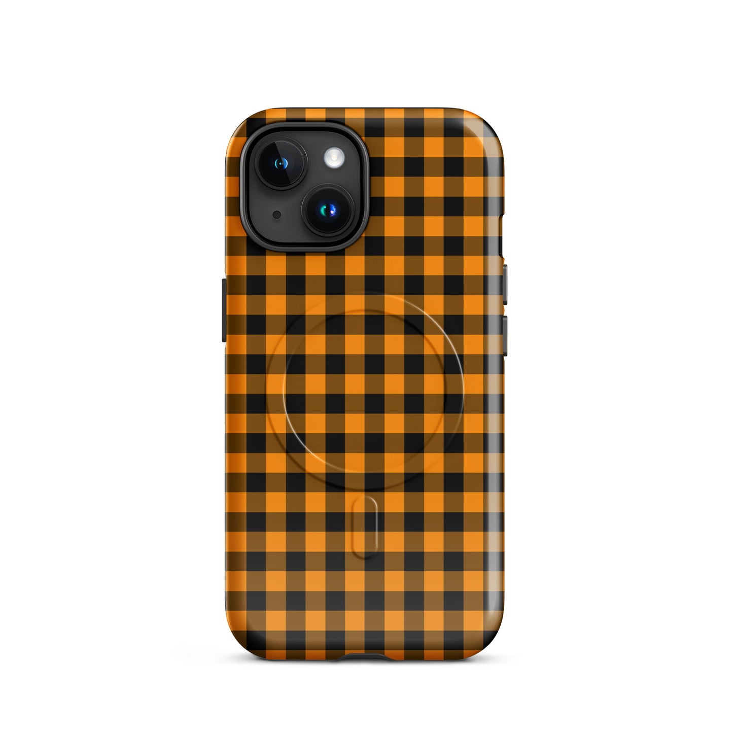 Magnetic Phone Case with black-and-orange gingham Autumn theme for iPhone, offering stylish design and durability.