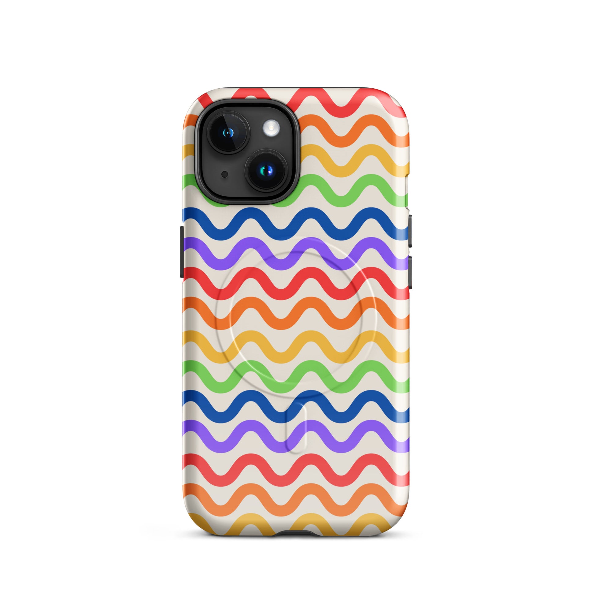 Magnetic Phone Case for iPhone with wavy rainbow pattern on white, featuring purple, red, orange, yellow, green, and blue lines.