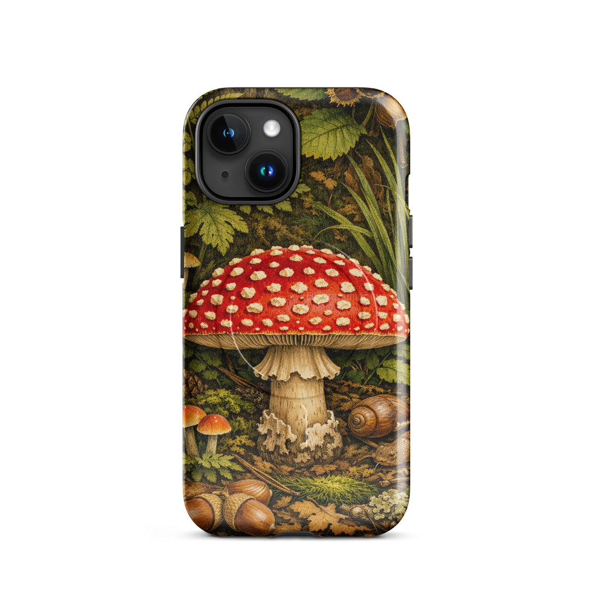 Magnetic Phone Case for iPhone featuring a vivid Amanita muscaria mushroom with red cap and white spots.