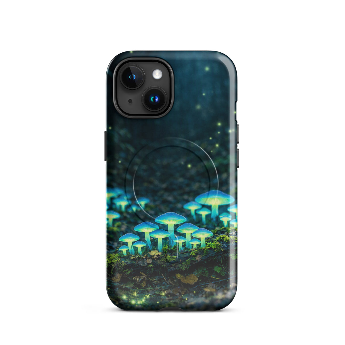 Magnetic Phone Case with bioluminescent forest mushrooms design for iPhone, glowing in ethereal blue-green hues.