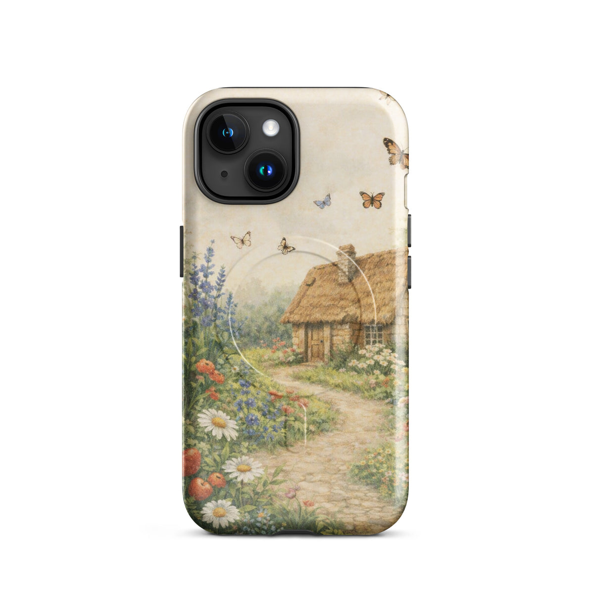 Magnetic Phone Case featuring a cottage garden art design with a thatched-roof cottage and vibrant floral path.