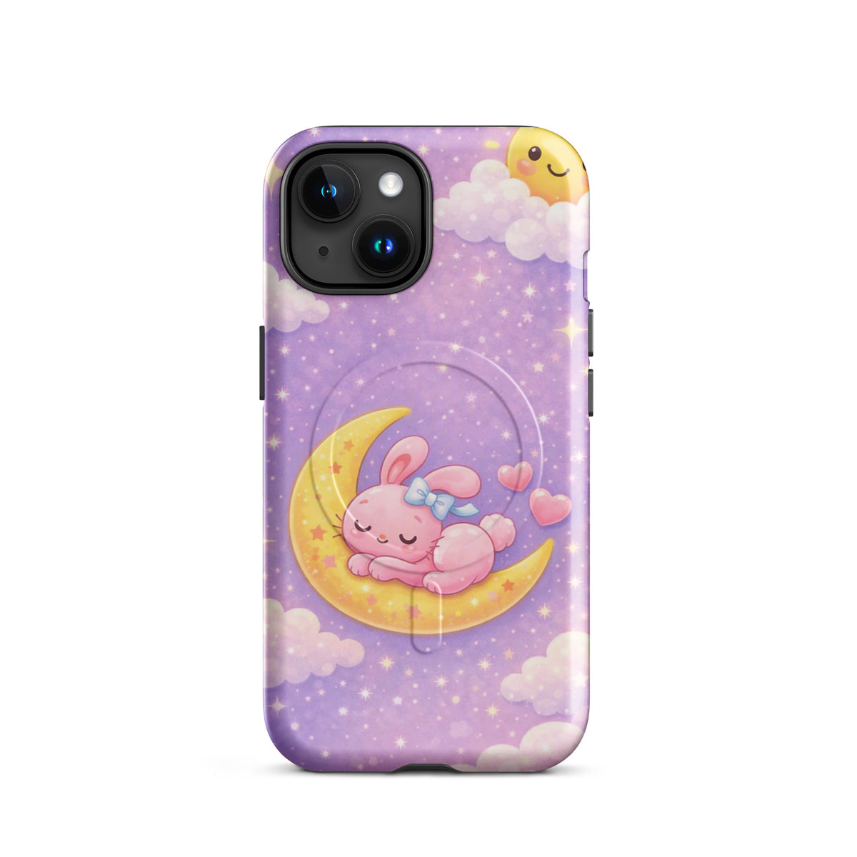 Magnetic Phone Case featuring a dreamy pink bunny snoozing on a crescent moon with a pastel sky, designed for iPhone protection.