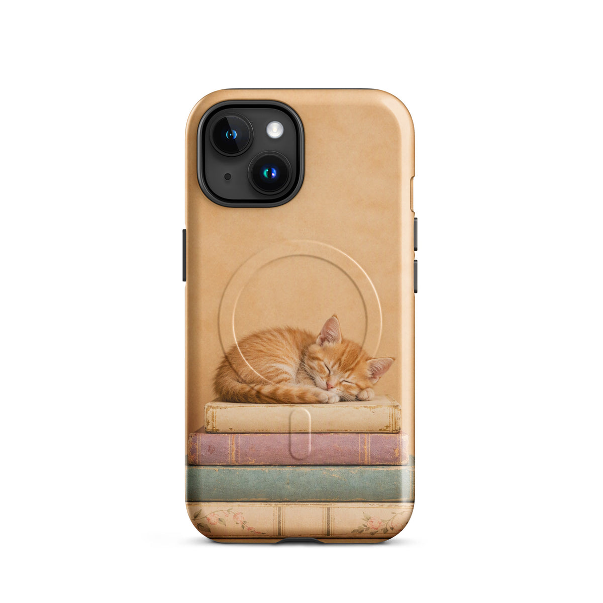 Magnetic Phone Case featuring a sleeping kitten on vintage books, warm colors, and charming design.