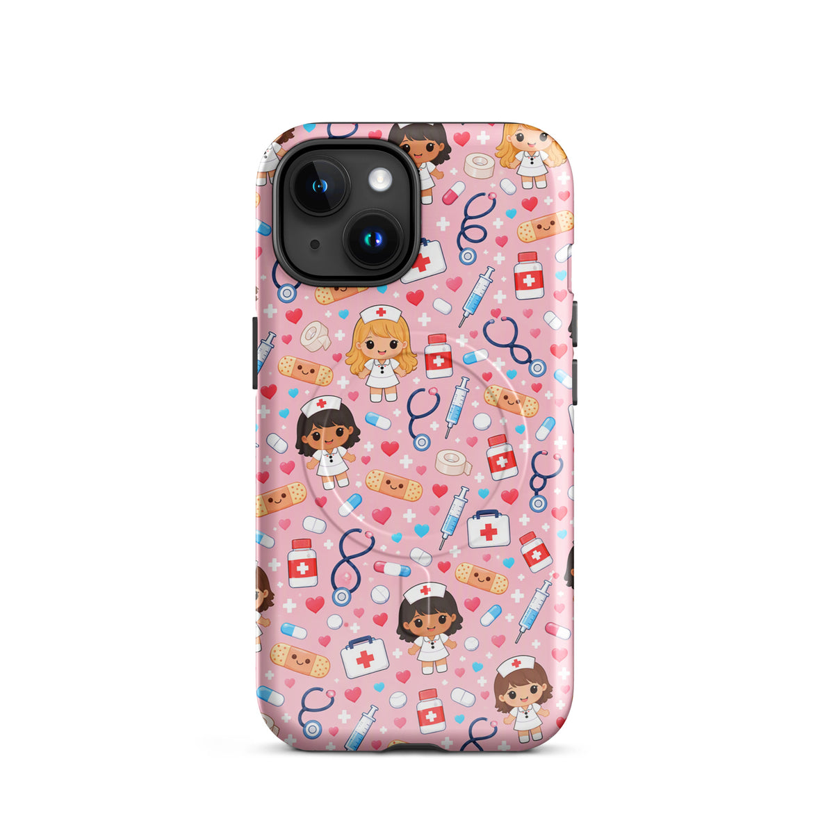 Magnetic Phone Case for iPhone with Kawaii Nurse Medical Pattern on Pink Background