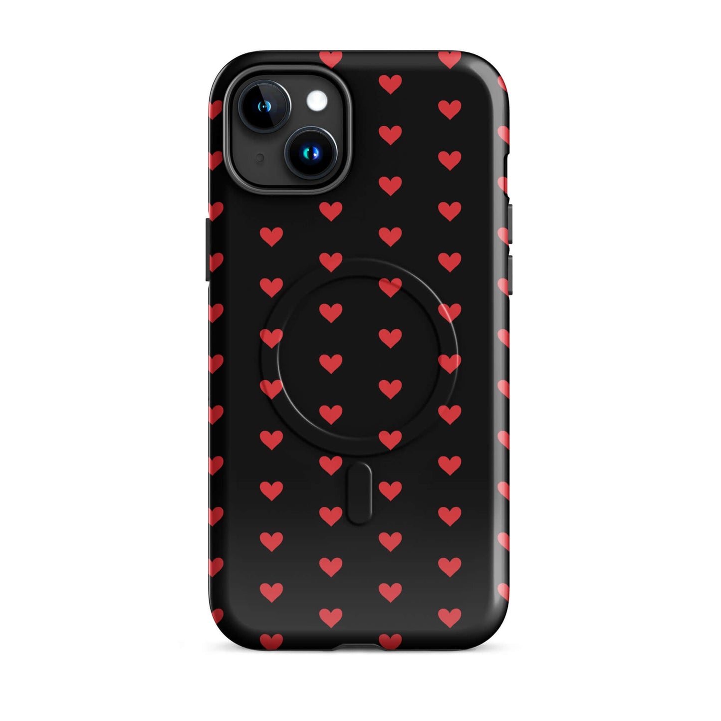 Magnetic Phone Case with fiery red hearts pattern on black background for iPhone.