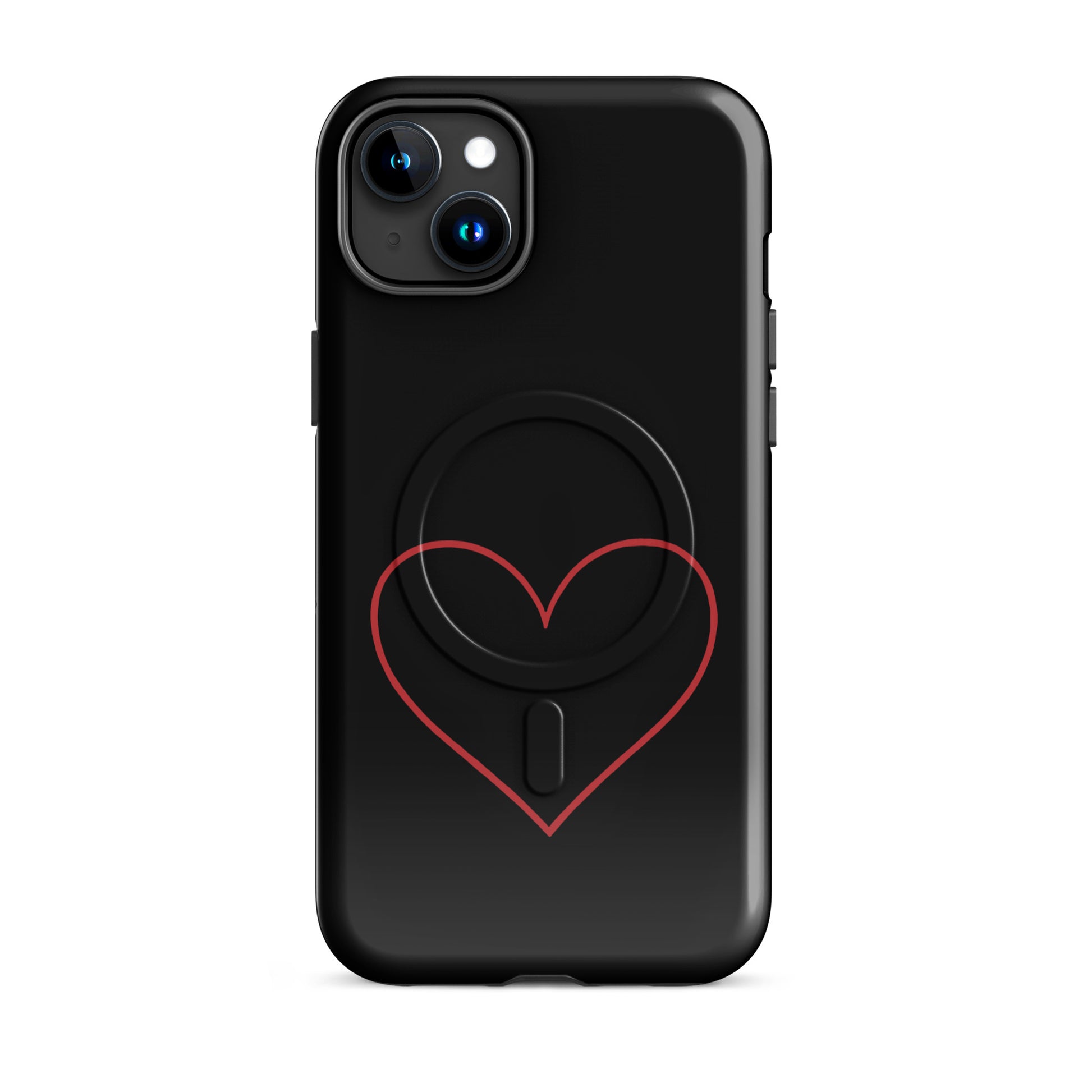 Magnetic Phone Case for iPhone featuring a minimalist crimson heart design on a sleek black background.