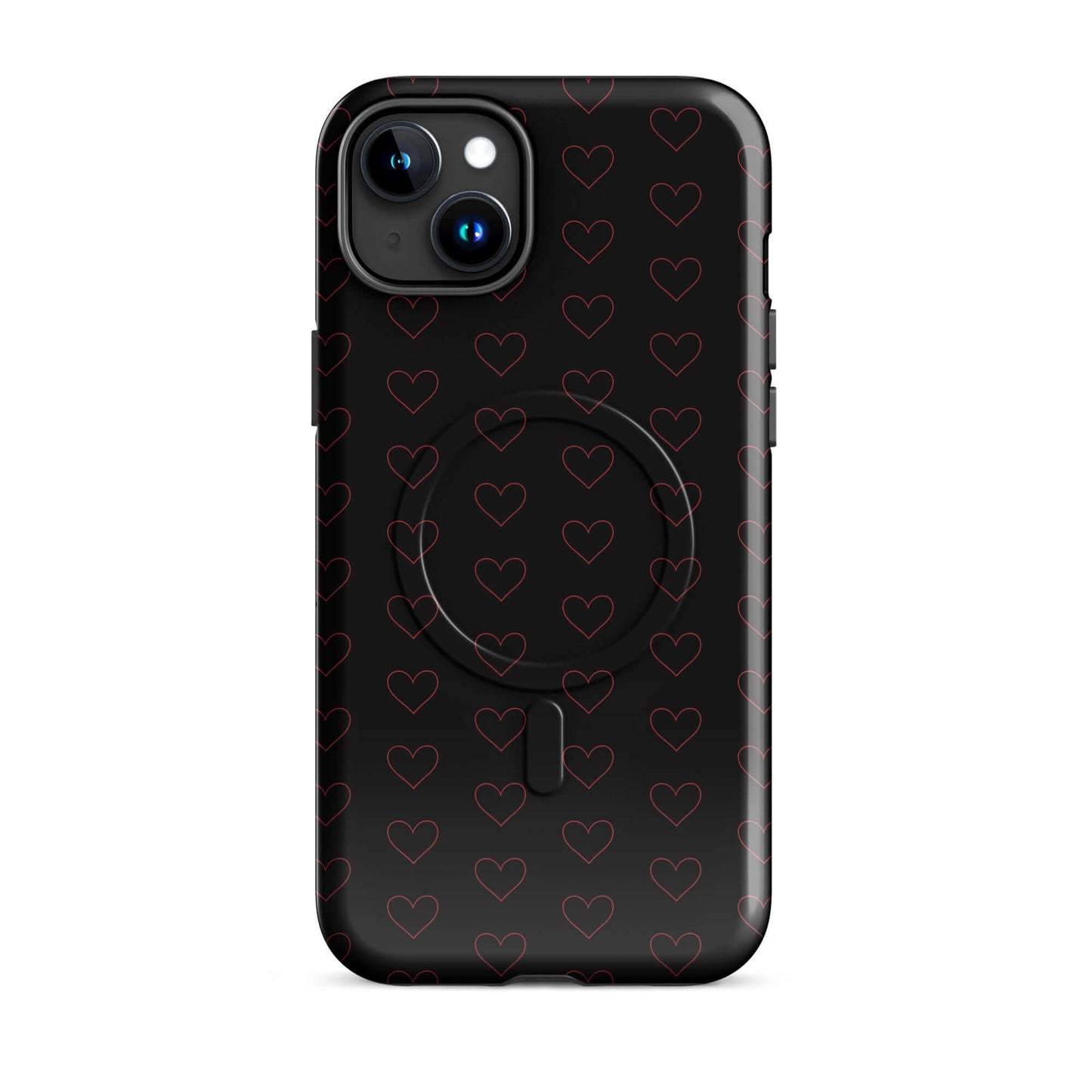 Magnetic Phone Case with a luxe crimson heart pattern on a sleek black background.