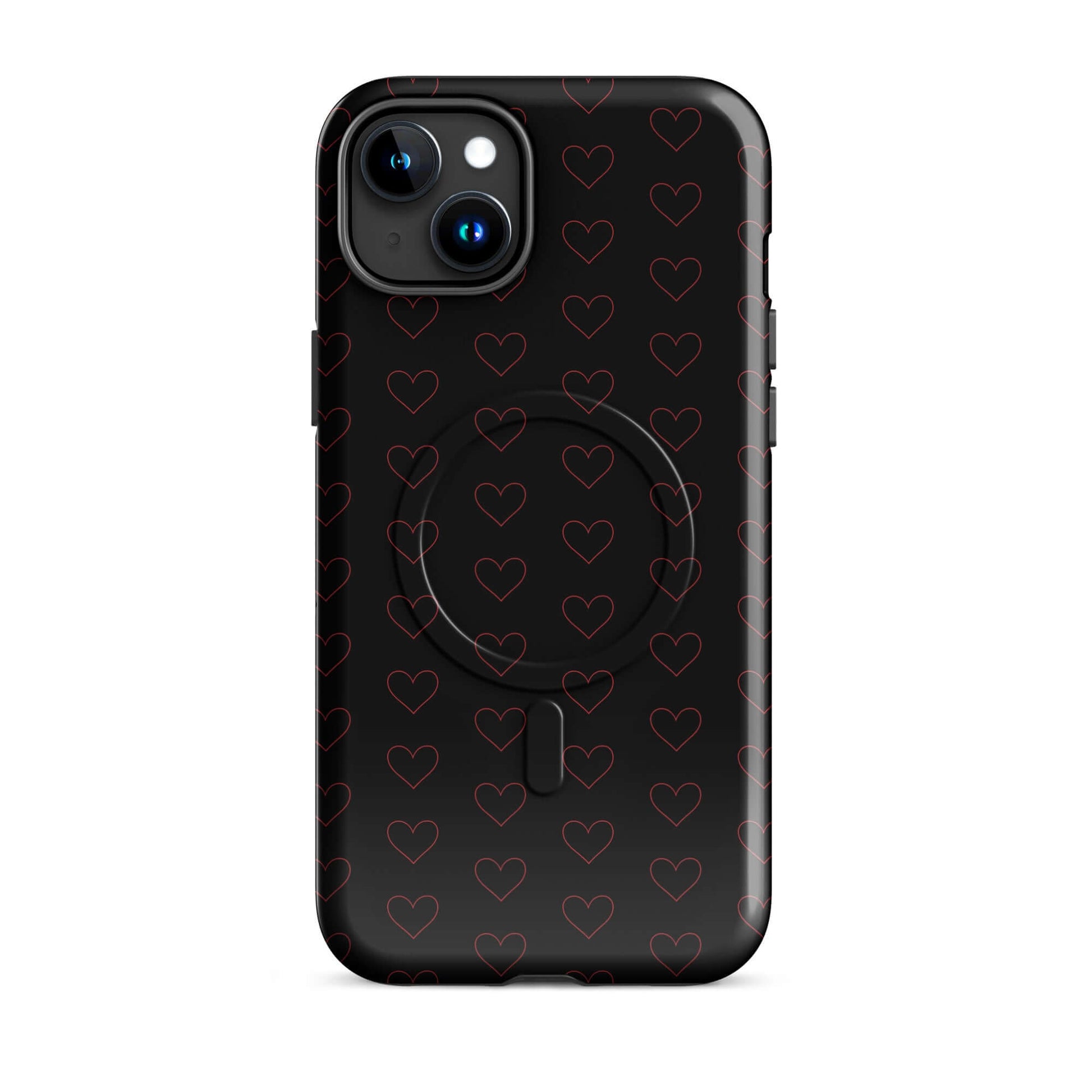 Magnetic Phone Case with a luxe crimson heart pattern on a sleek black background.