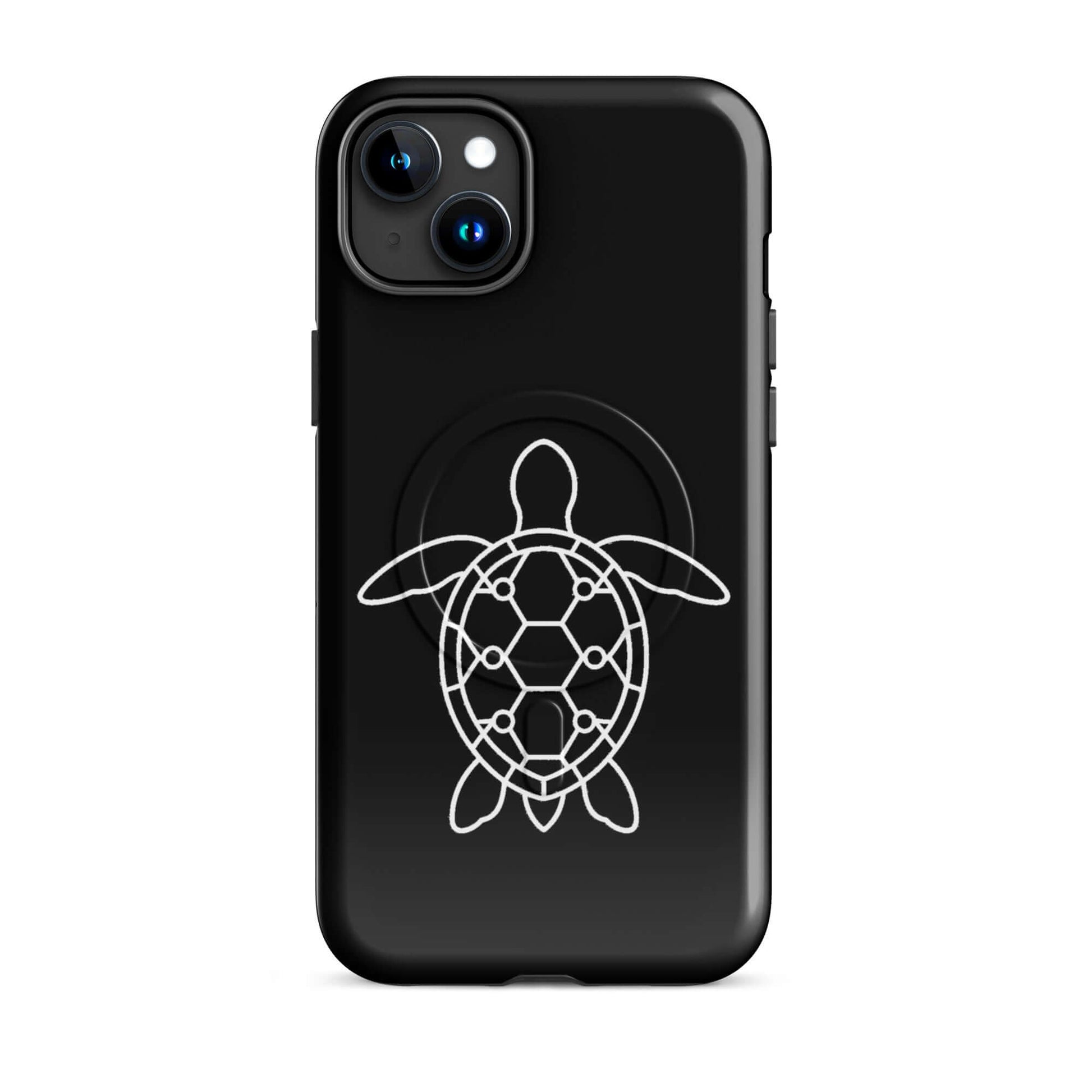Magnetic Phone Case featuring a minimalist sea turtle silhouette and geometric design on a sleek black background.
