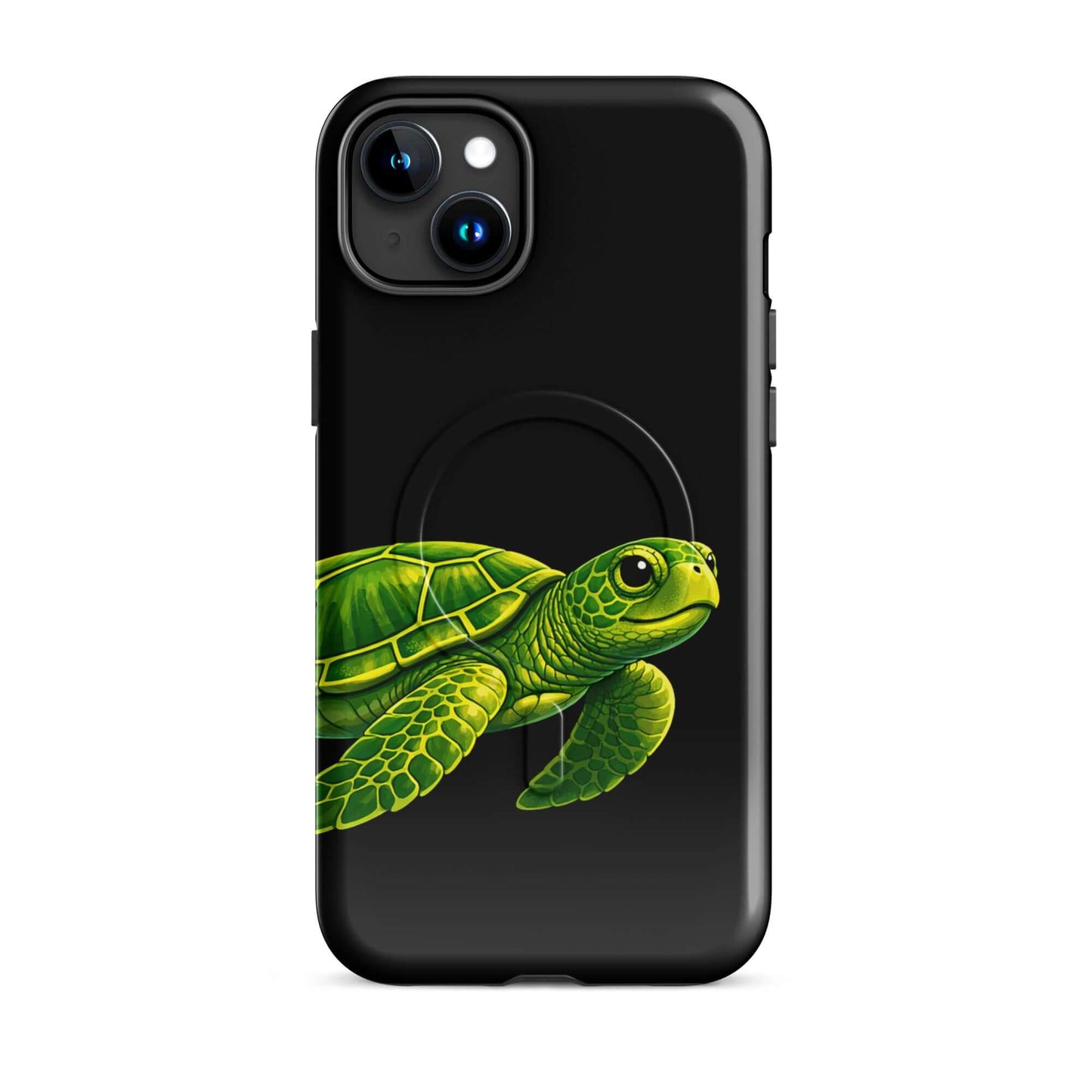 Magnetic Phone Case for iPhone featuring vibrant sea turtle design on a black background.