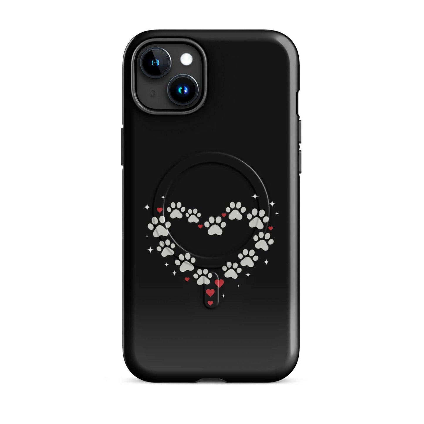 Magnetic Phone Case featuring a charming paw-print heart design on a black background.