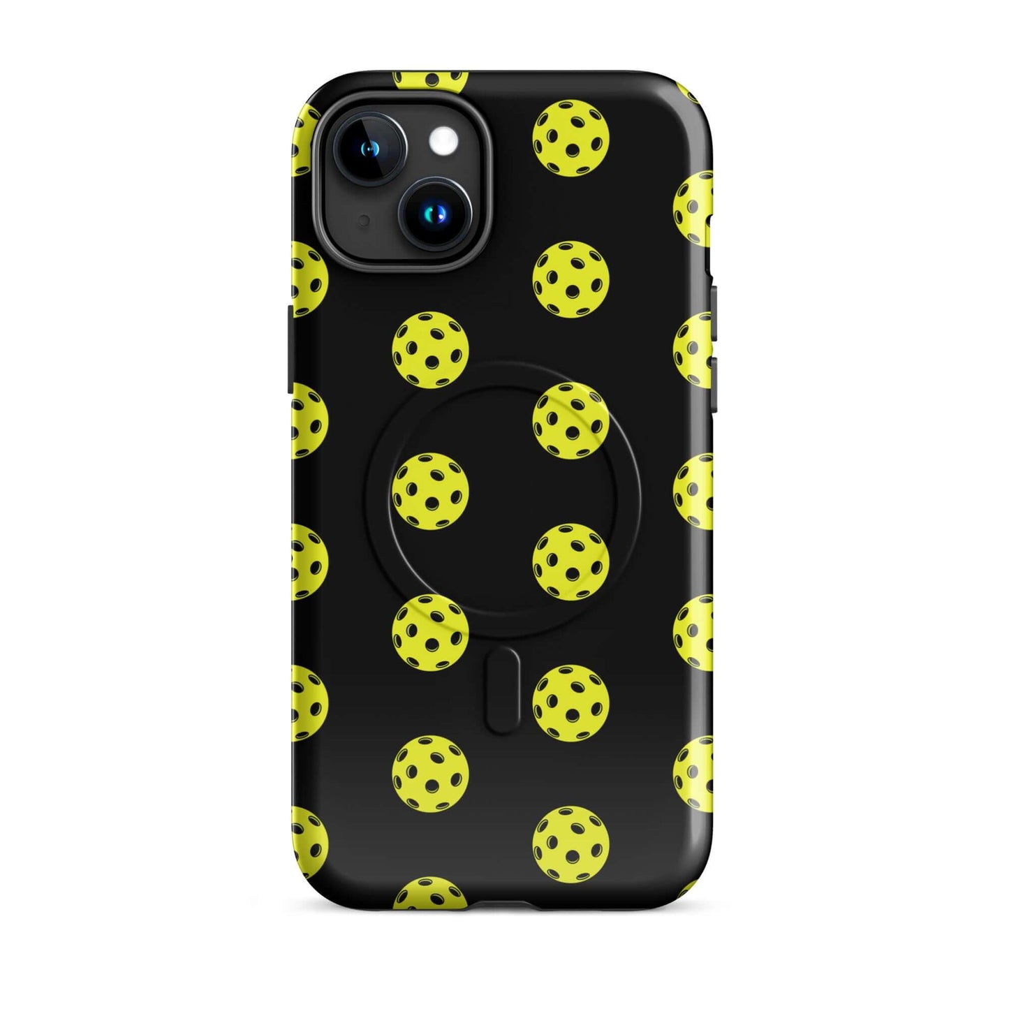 Magnetic Phone Case featuring a playful pickleball pattern in yellow on a black background.