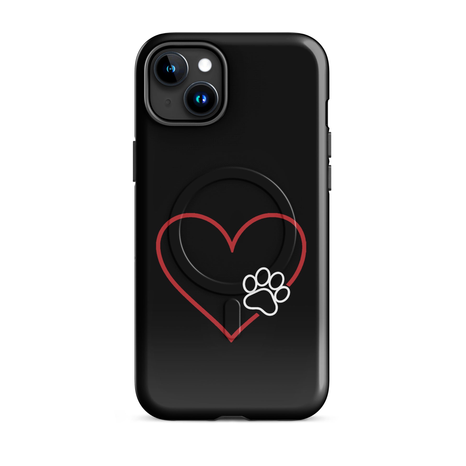 Magnetic Phone Case with heart and paw print design for iPhone, black case featuring loyalty and love symbols.