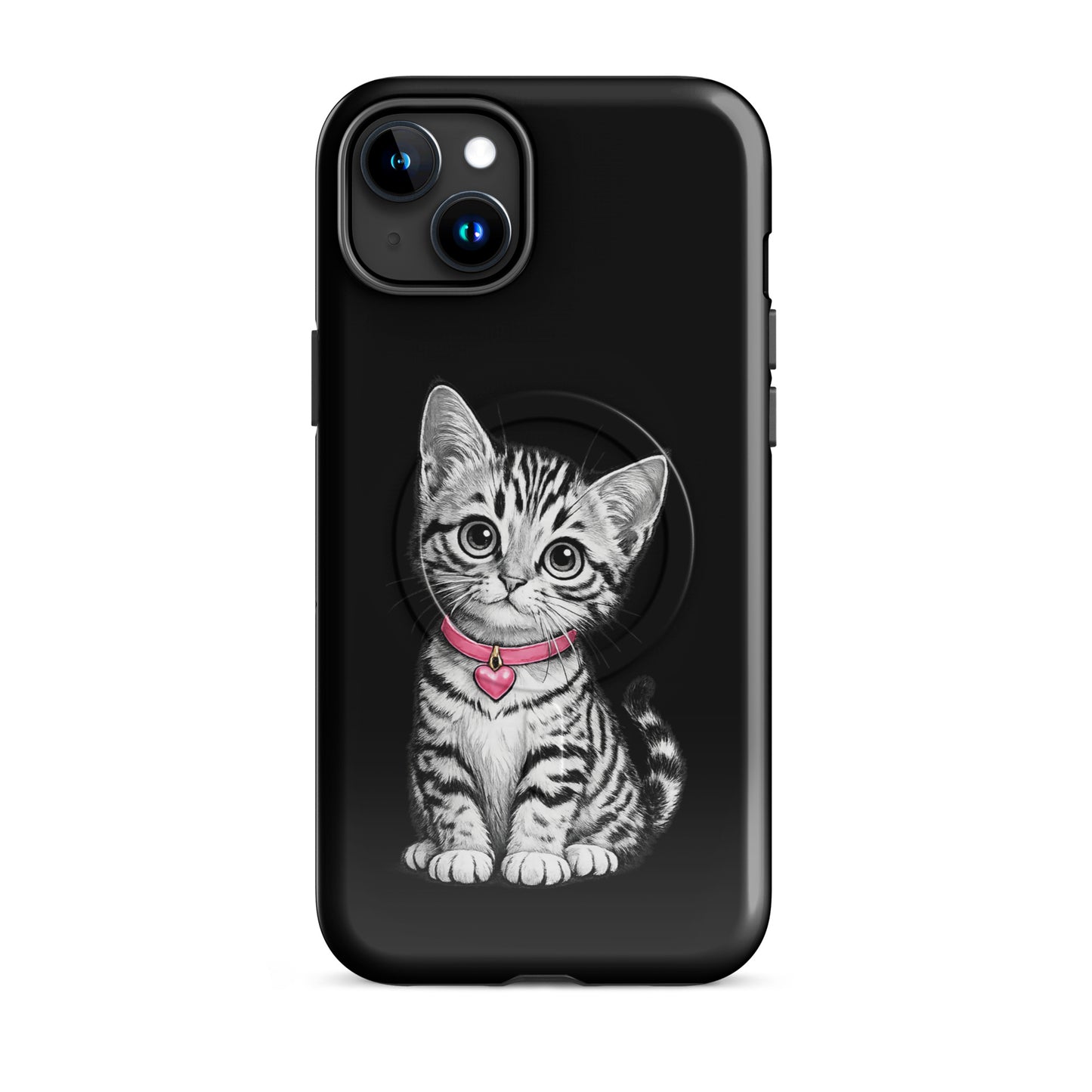 Magnetic Phone Case for iPhone with kitten design, featuring pink collar and heart charm on black background.