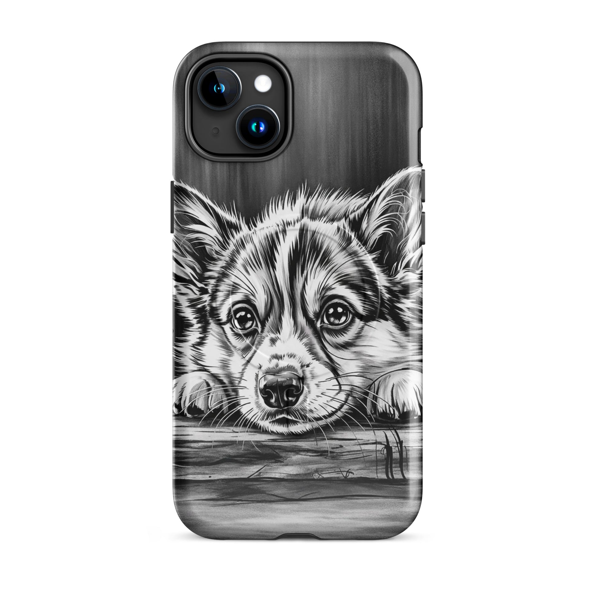 Magnetic Phone Case for iPhone with puppy art in black-and-white, providing elegant protection.