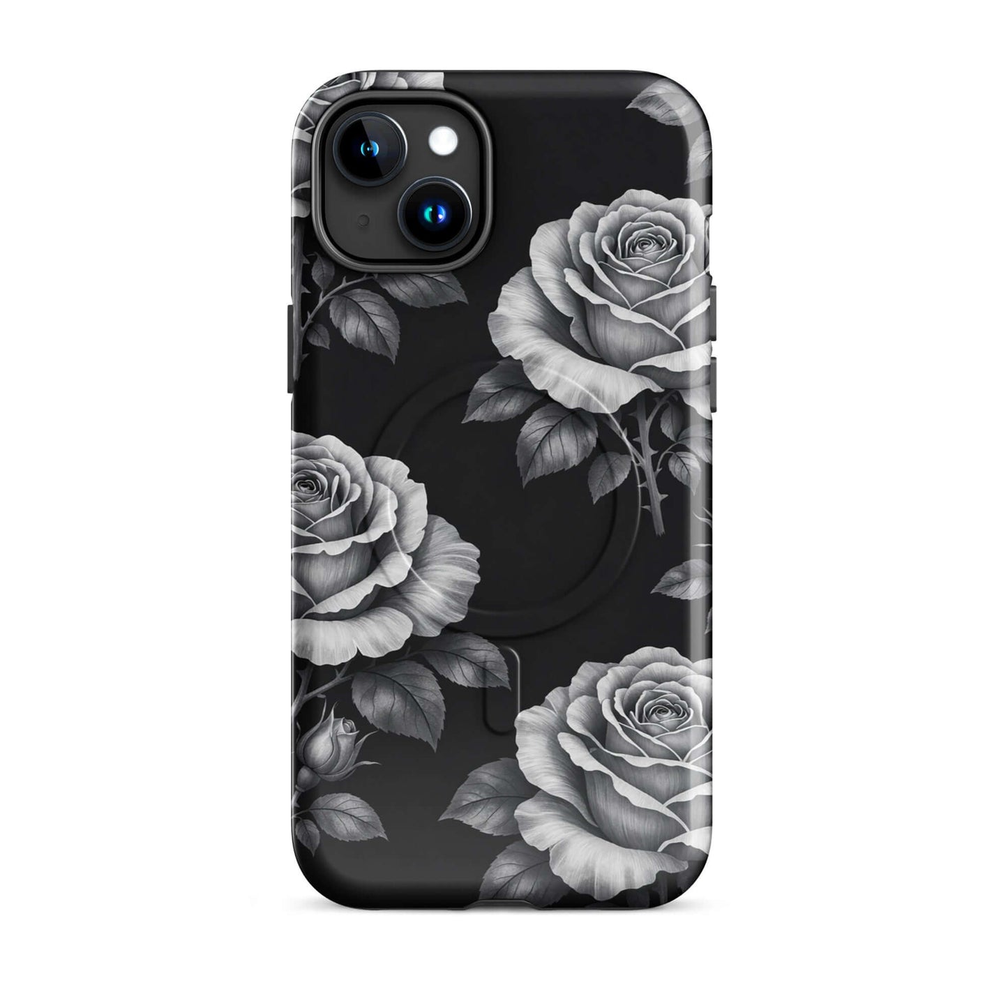 Magnetic Phone Case with rose design on black background, for iPhone, featuring floral charm and elegance.