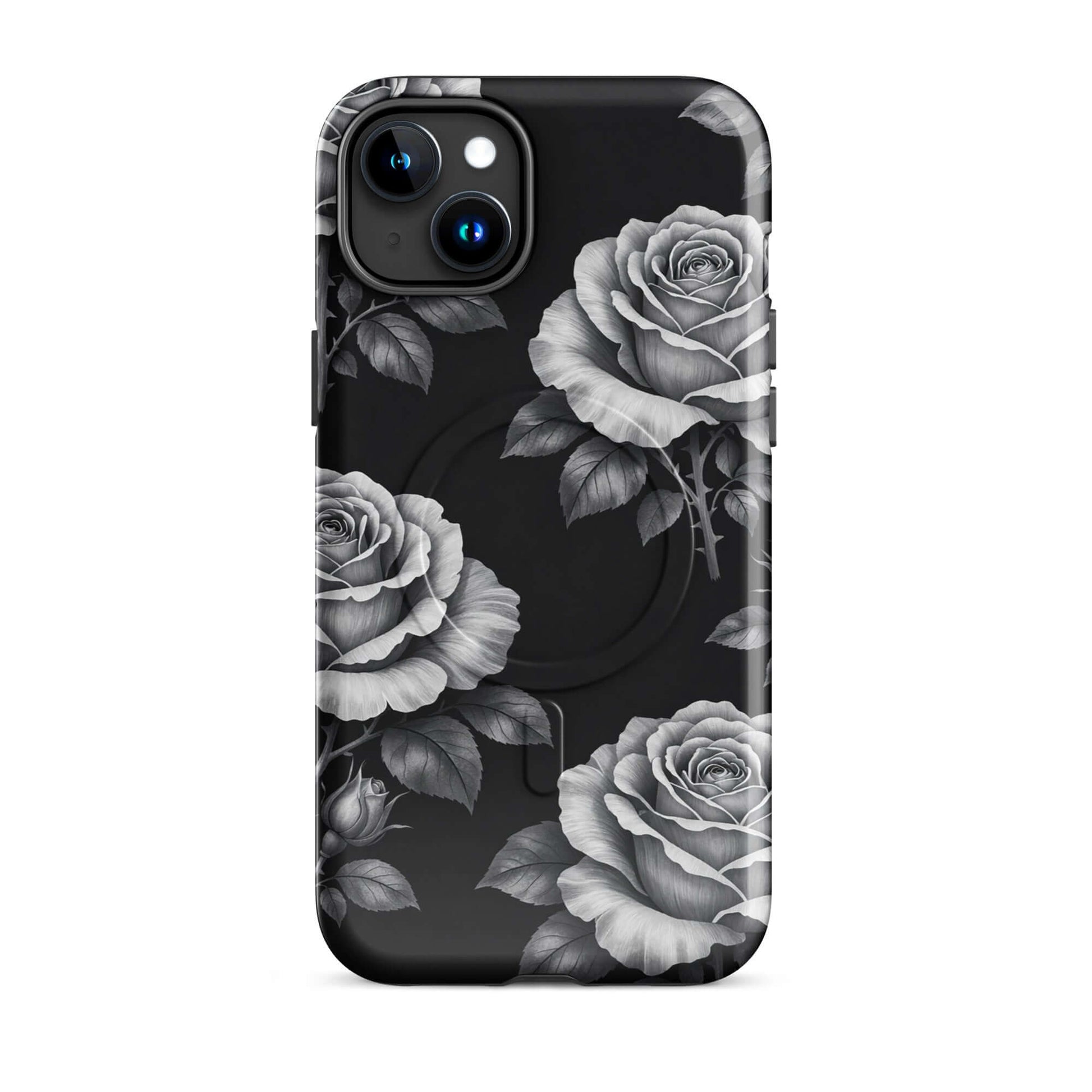 Magnetic Phone Case with rose design on black background, for iPhone, featuring floral charm and elegance.