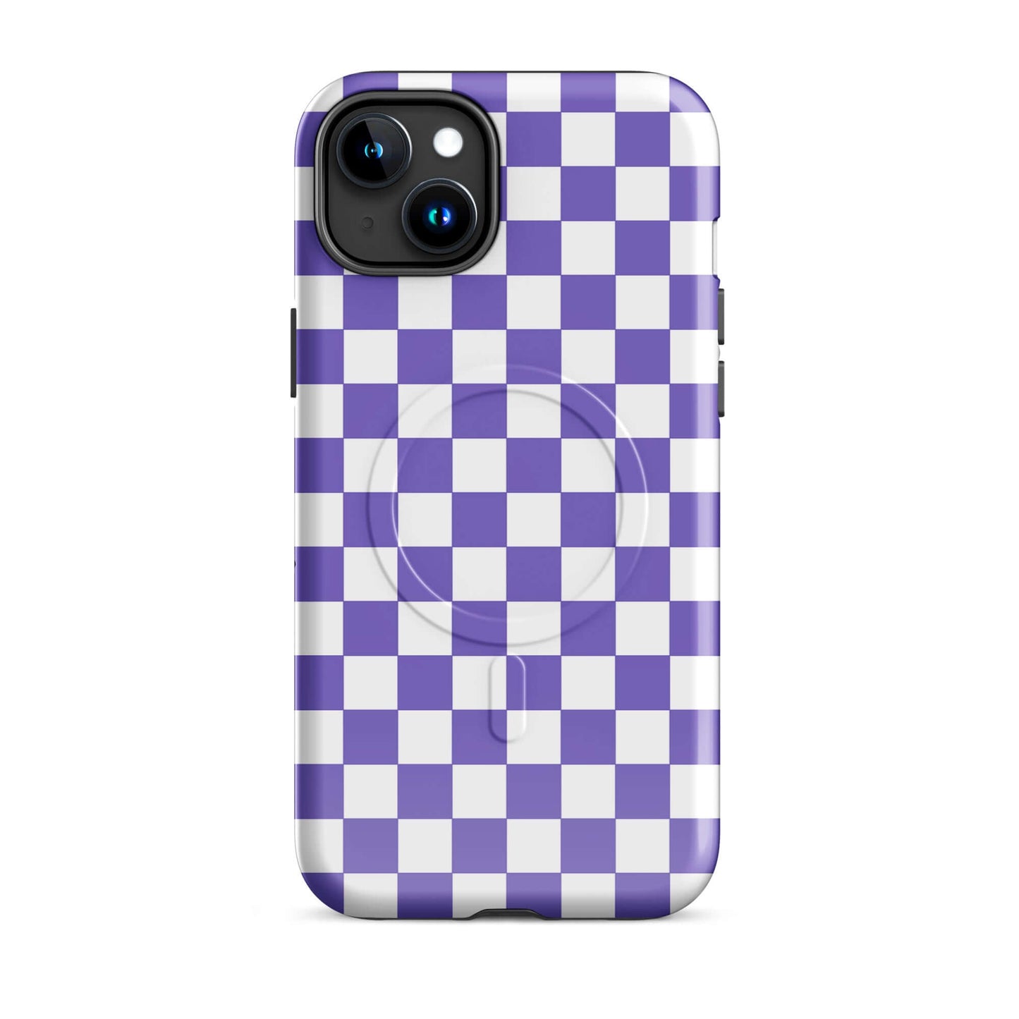 Magnetic Phone Case with purple and white checkered design for iPhone.
