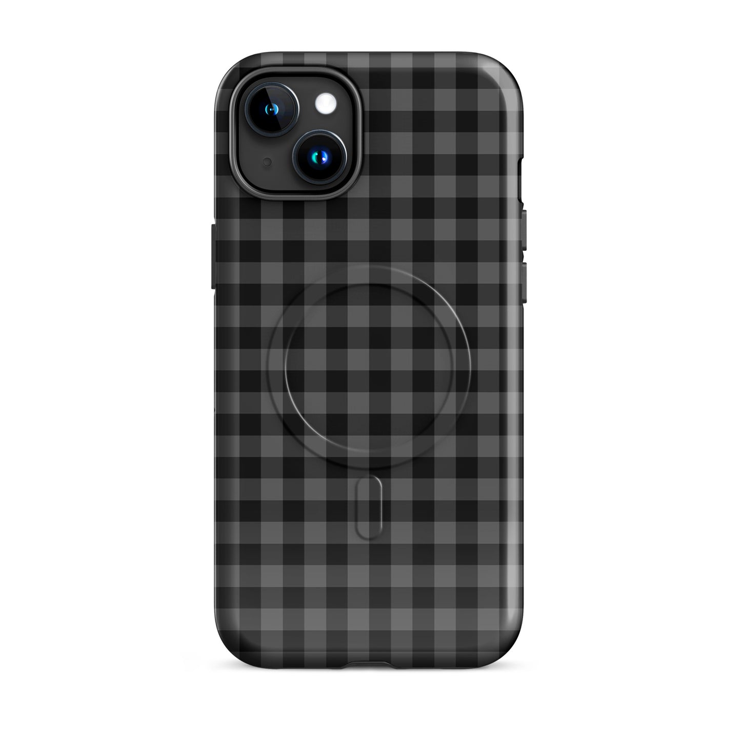 Magnetic Phone Case with black-and-charcoal gingham pattern for iPhone, stylish and durable design for enhanced phone protection.