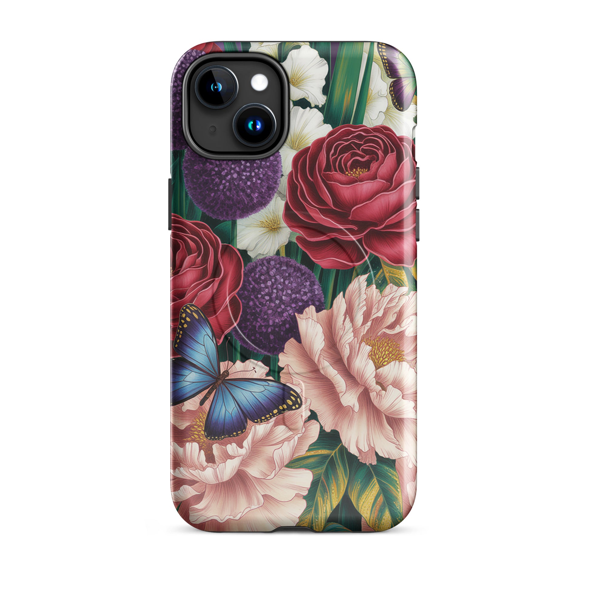 Magnetic Phone Case with crimson roses, peonies, and butterflies, inspired by botanical garden blooms, for iPhone protection.
