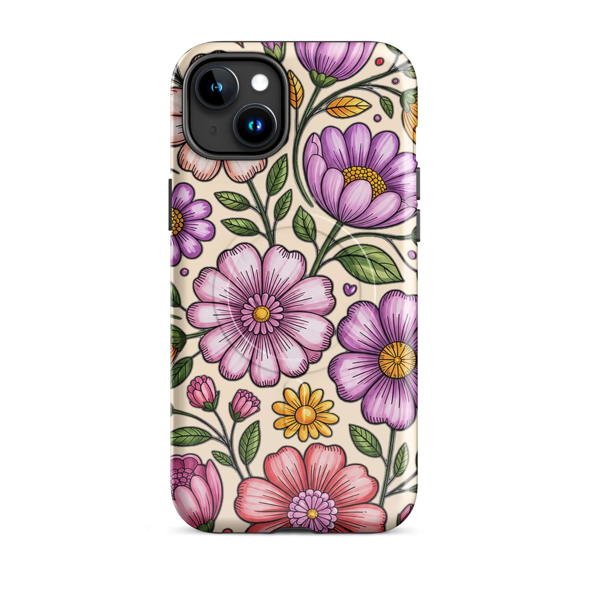 Magnetic Phone Case with pastel floral design featuring pink, lavender, and yellow flowers on a sturdy polycarbonate shell.