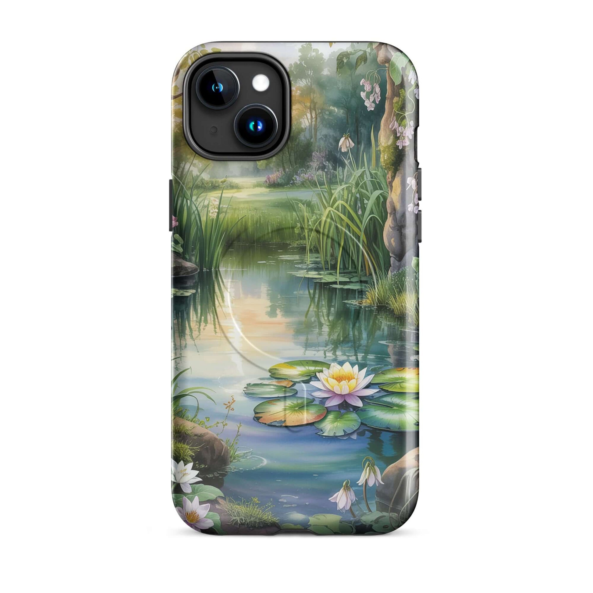 Magnetic Phone Case for iPhone in Enchanted Pond design with lily pads and sunset reflection, offering peaceful and charming aesthetics.